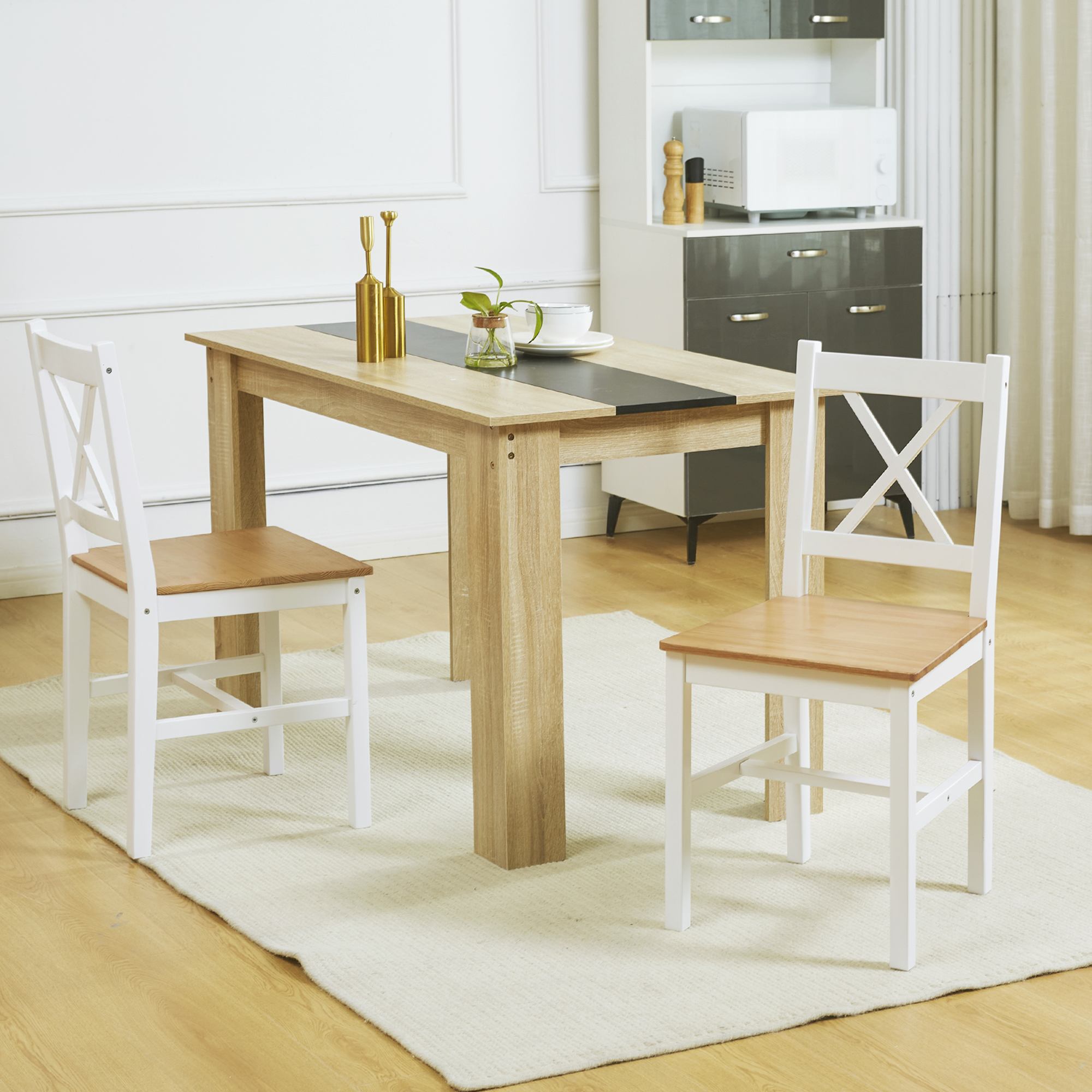 HOMCOM Set aus 2 Esszimmerstühlen aus massivem Holz, Küchenstühle im Landhausstil mit überkreuzter Rückenlehne in Weiß und Eiche