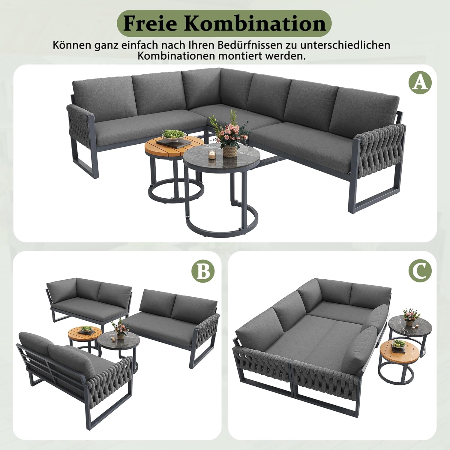 Garten Lounge Set für 5-6 Personen, Ecksofa und Sessel-Sofa mit Höhenverstellbaren Tischbeinen, Abnehmbaren Wasserabweisenden Kissen, Modular für Balkon Garten Terrasse, B - Grau