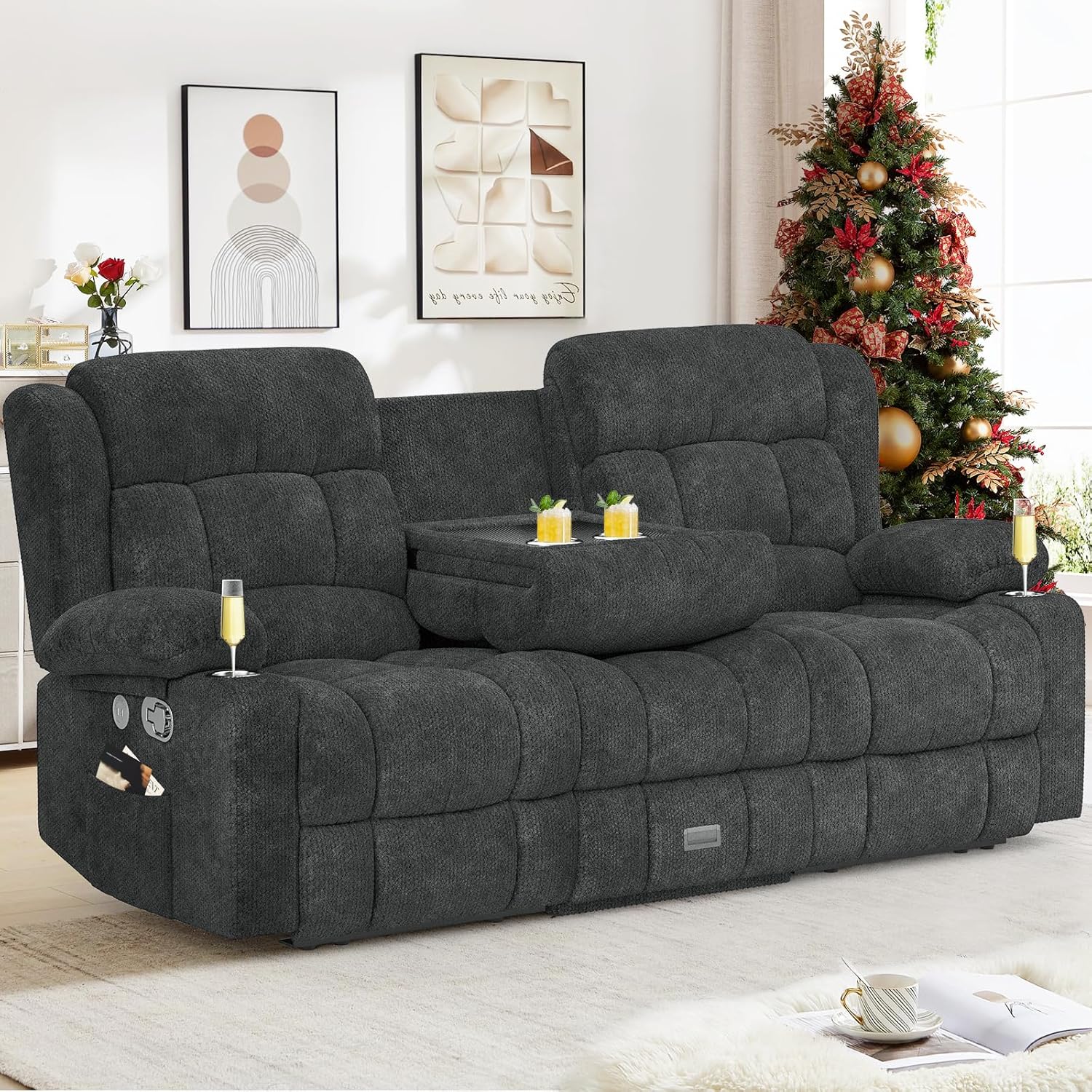 3 Seat Reclining Sofa with Storage Drawer USB Ports & Cup Holders Manual Couch