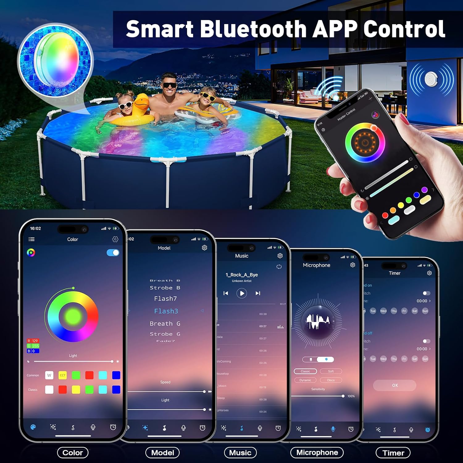 Pool-Lichter für oberirdische Pools, tragbar, intelligent, magnetisch, Unterwasser-LED-Licht, wiederaufladbar, mit BT-App-Steuerung, wasserdicht, IP68, Farbwechsel, Sound/Musik-Synchronisation,