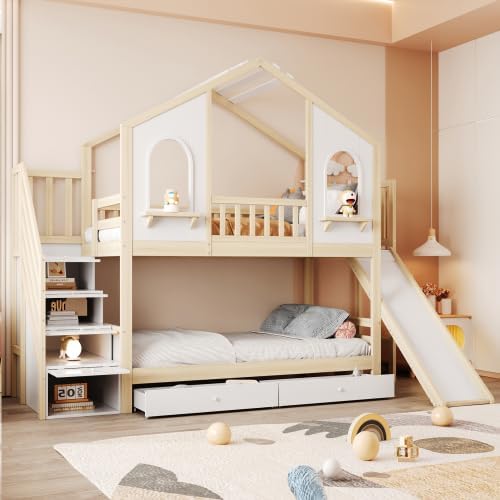 Kinderbett Etagenbett 90x200, Hochbett Hausbett mit Rutsche&Aufbewahrungsleiter&2 Schubladen&Fenstern&Dach, Stockbett Doppelbett Holzbett mit Lattenrost&Rausfallschutz, Kiefer,Ohne Matratze,Holzfarbe