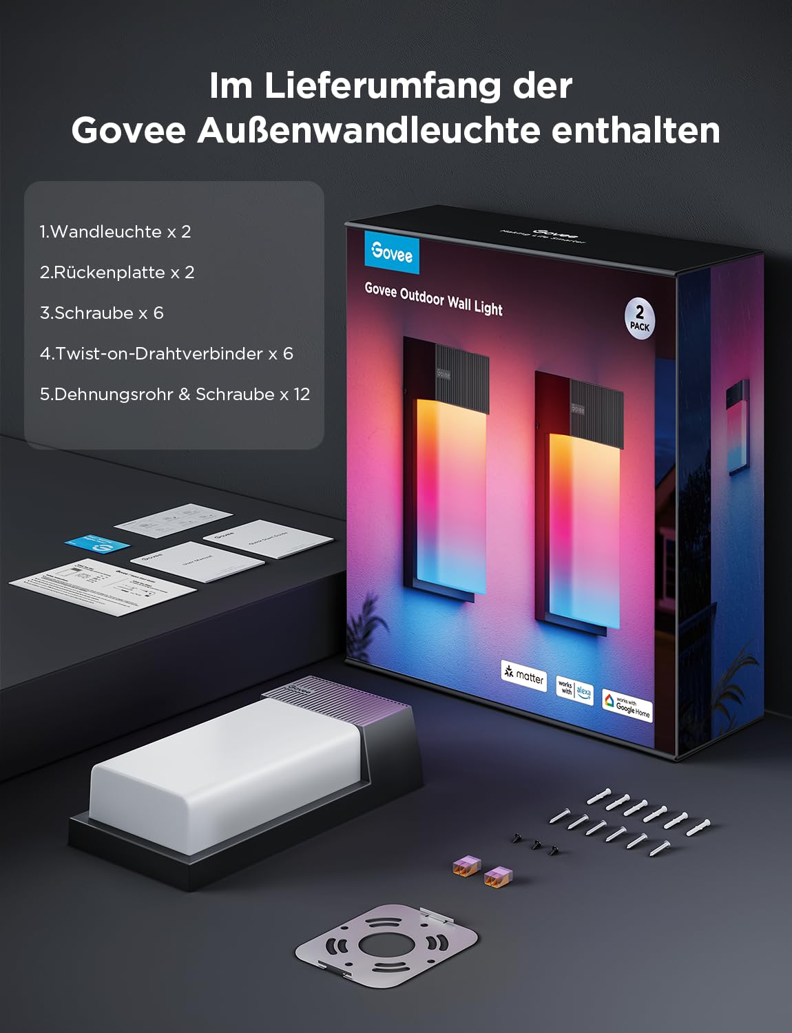 Smarte Außenwandleuchte 1500 lm IP65 2700–6500 K 2er-Set Aluminium Wi-Fi App Alexa Google Assistant Matter 45 Lichtszenen