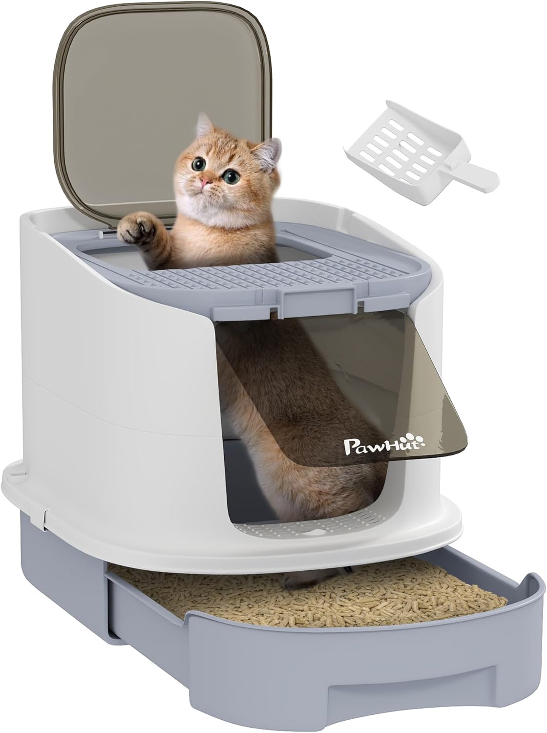 PawHut Lettiera per Gattini Chiusa con 2 Porte, Vassoio Estraibile, Paletta e Deodorante, Lettiera per Gatti in PP, 40.5x52.5x42.5 cm, Verde, Bianco e Nero