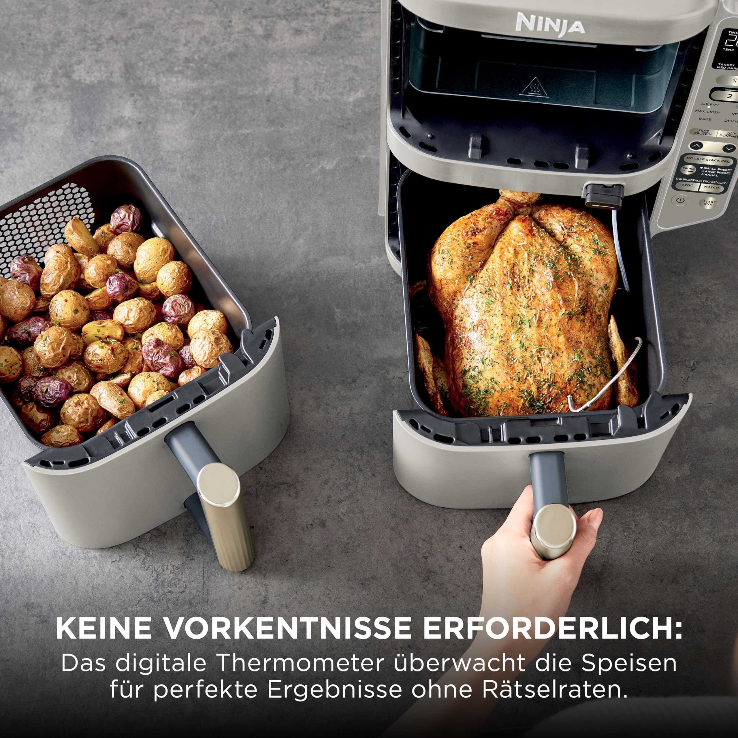 Heißluftfritteuse Double Stack XL 9,5 l mit 6 Funktionen, 2 Garzonen und digitalem Bratenthermometer, Steingold