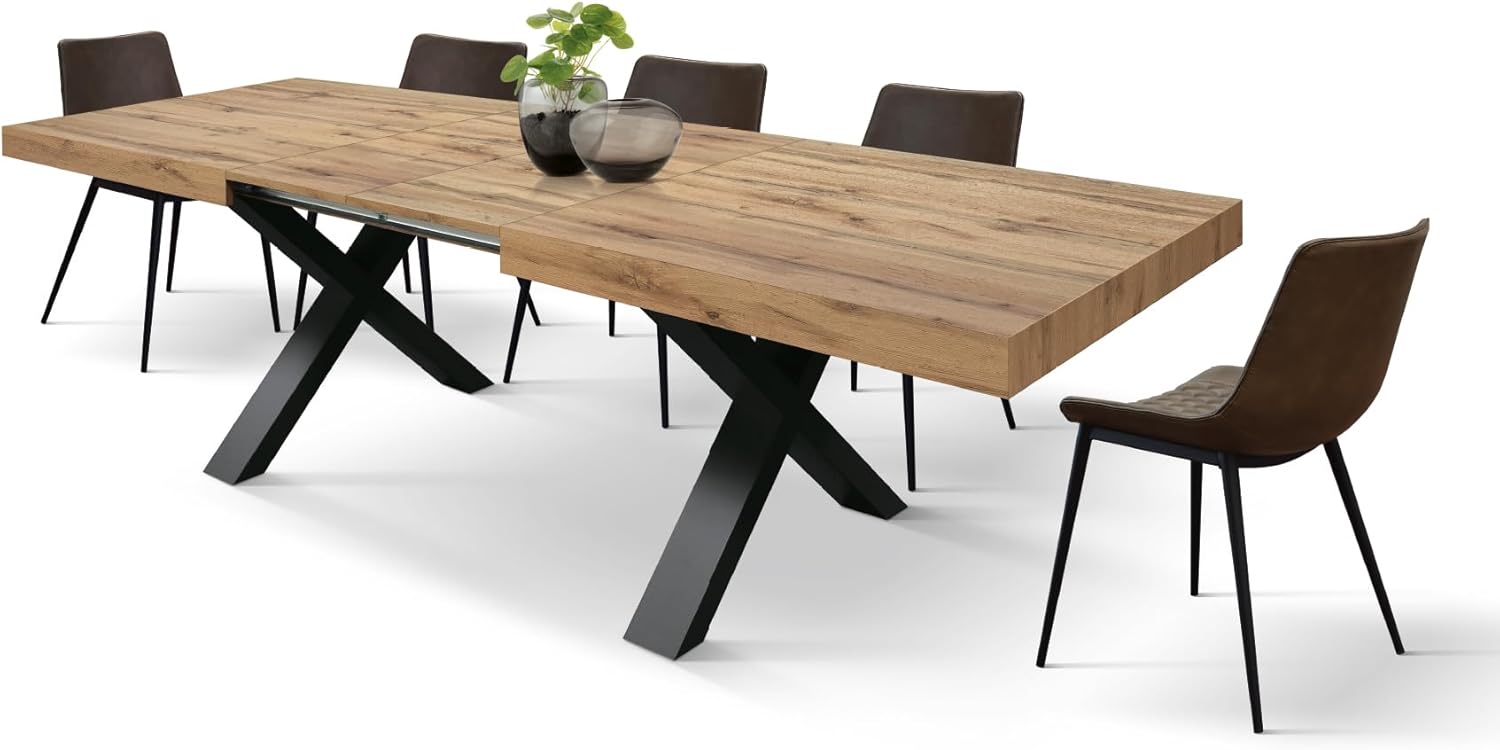 PAZZO DESIGN Tavolo Allungabile Marco, Tavolo Soggiorno, Cucina, Gambe Incrociate X Nere, Made in Italy, Rovere Rustico, 180x90x76 cm - id_1998