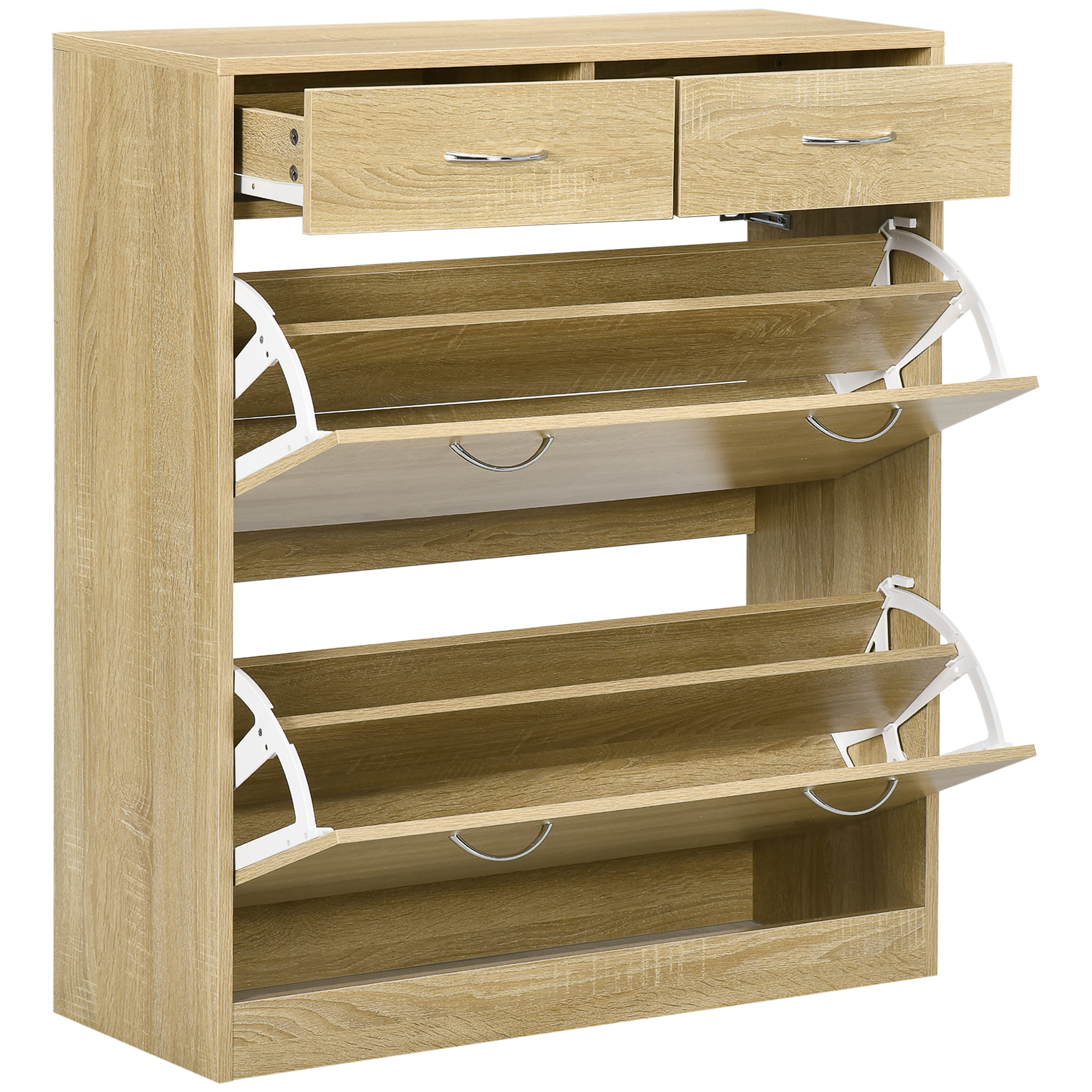 HOMCOM Schuhschrank 2 Schubladen und 2 klappbare Türen mit verstellbarem Regal 80 x 30 x 91,5 cm Griffe aus Alu. Natur