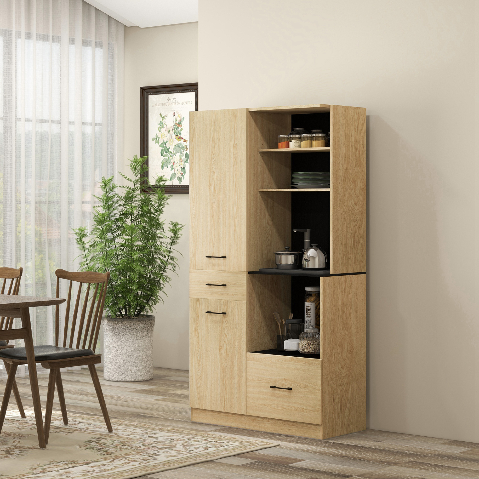 HOMCOM Küchenbuffetschrank mit 2 Schubladen 2 Schränken 4 Fächern höhenverstellbaren Regalen und Kabeldurchlass H170 cm Schwarz Natur
