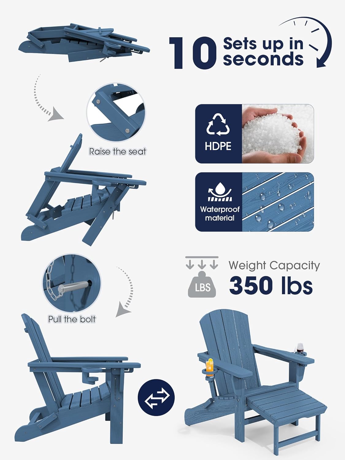 KINGYES Folding Adjustable Adirondack Chair with Retractable Ottoman  HDPE Recliner Adirondack Chair with Cup Holder  Blue