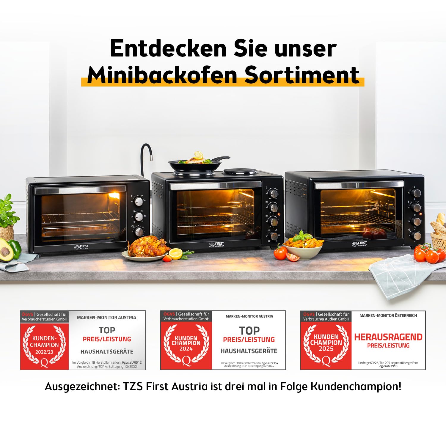 Minibackofen 60 L mit Umluft und Drehspieß, 2000 W, bis 230 °C, 60-Min-Timer, 4 Einschubhöhen, Backblech, Grillrost