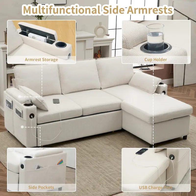 80 L-Shaped Sofa Couch Bed, Sofa Sleeper with Pull Out Bed, Reversible Sleeper Sofa Bed