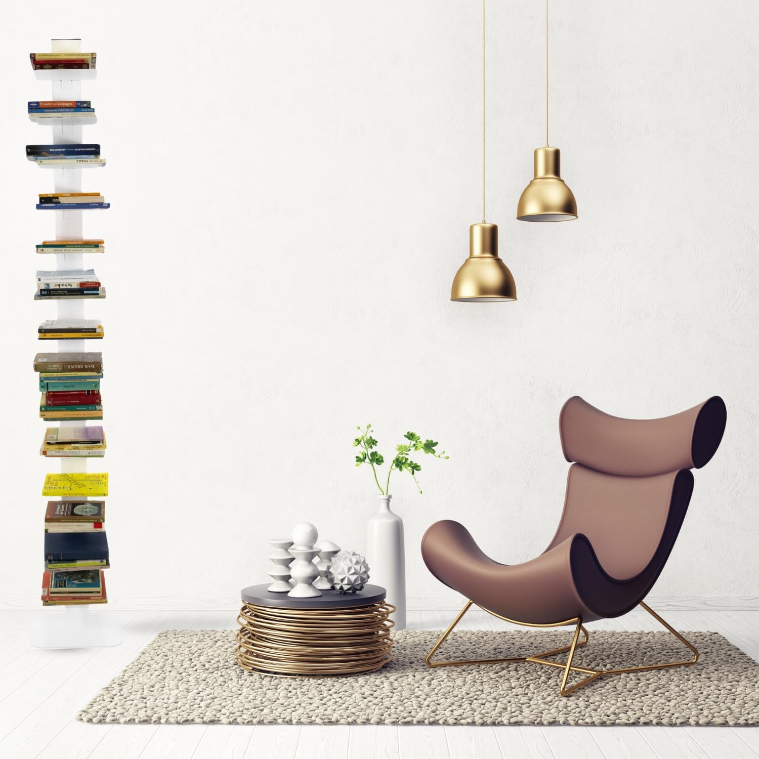 MOHOME Libreria Verticale a Colonna da Terra Sospesa Bianca Premium Quality Made in Italy 14 Ripiani Mensola 20 x 15 cm Stretta e Alta 214 cm Finitura Metallo Biblioteca Salvaspazio Soggiorno Cucina