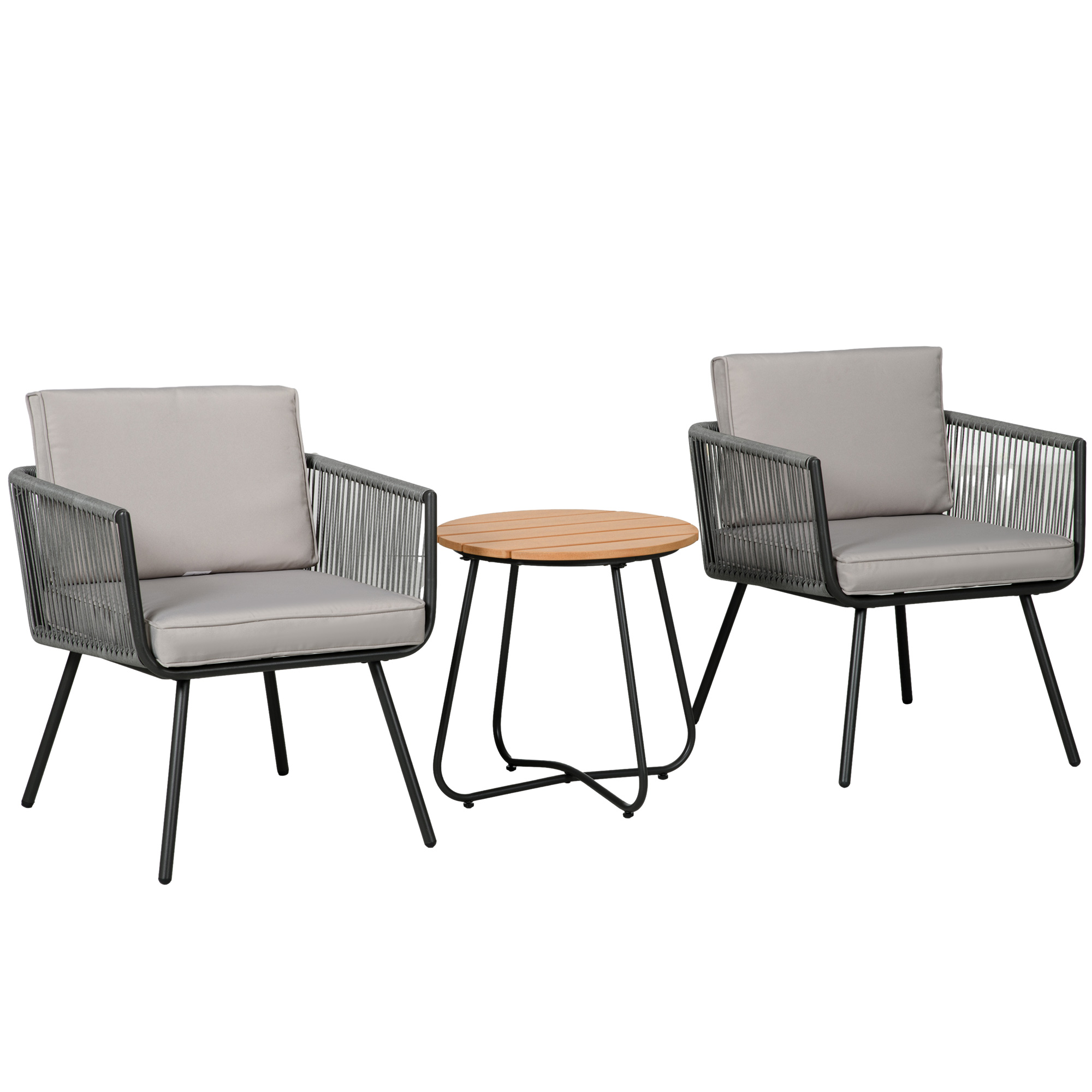 Outsunny Gartenmöbel-Set aus 3-teiligem Kunststoff-Rattan mit Stahlgestell, 2 Sessel + Couchtisch mit Kissen, Grau