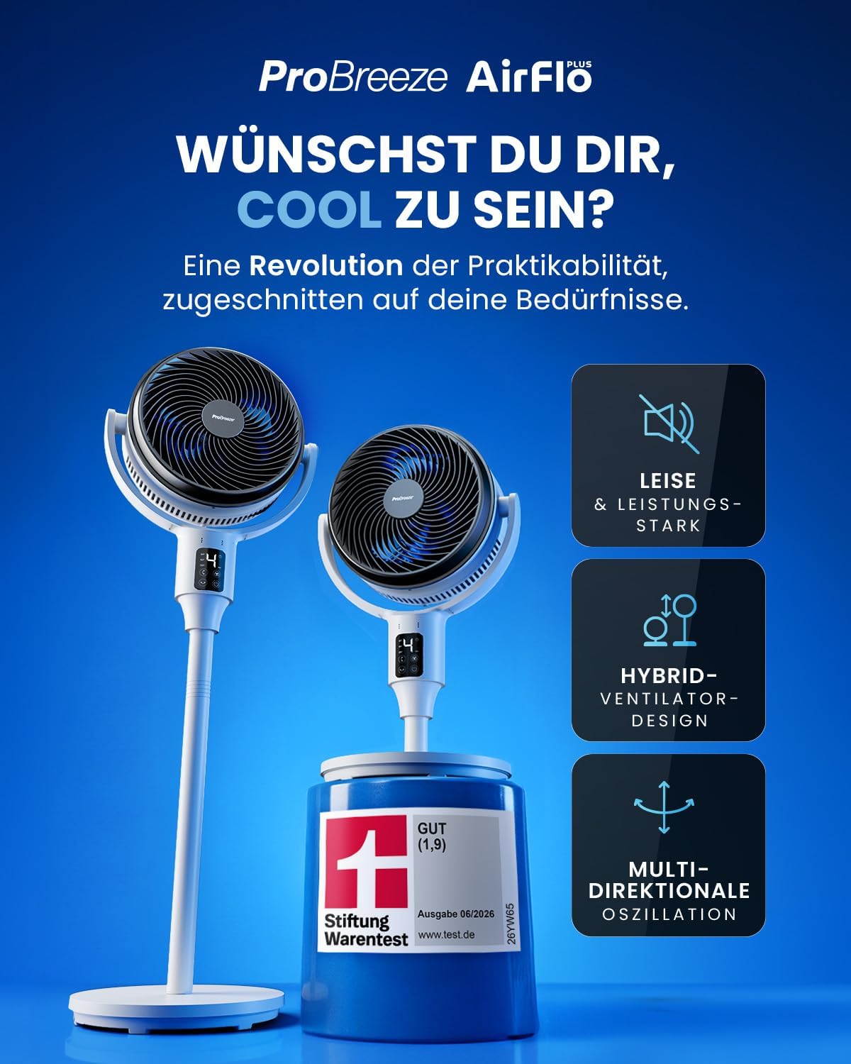 Pro Breeze AirFlo Smart Standventilator 108 cm, Stiftung Warentest GUT (1,9), 29 dB, 2-in-1 Stand- & Tischventilator, 85°+135° Oszillation, WLAN, App, Alexa & Google Home