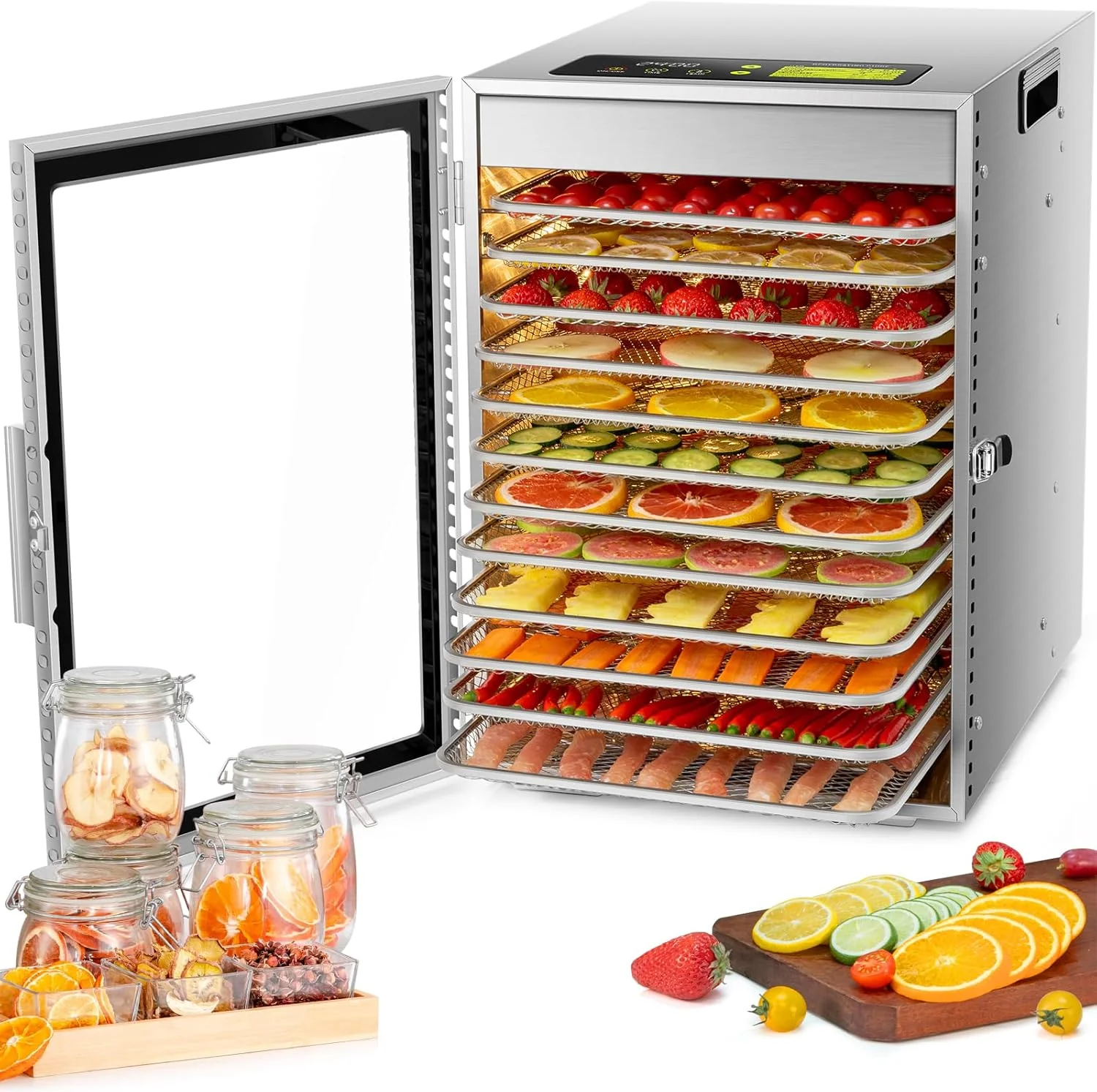 Food Dehydrator Machine, 12 Trays ALL Stainless Steel, Dual fan 360° Efficient Drying, 24H Adjustable Timer & 30℃ to 90℃ Temperature Control, Overheat Protection, 800W