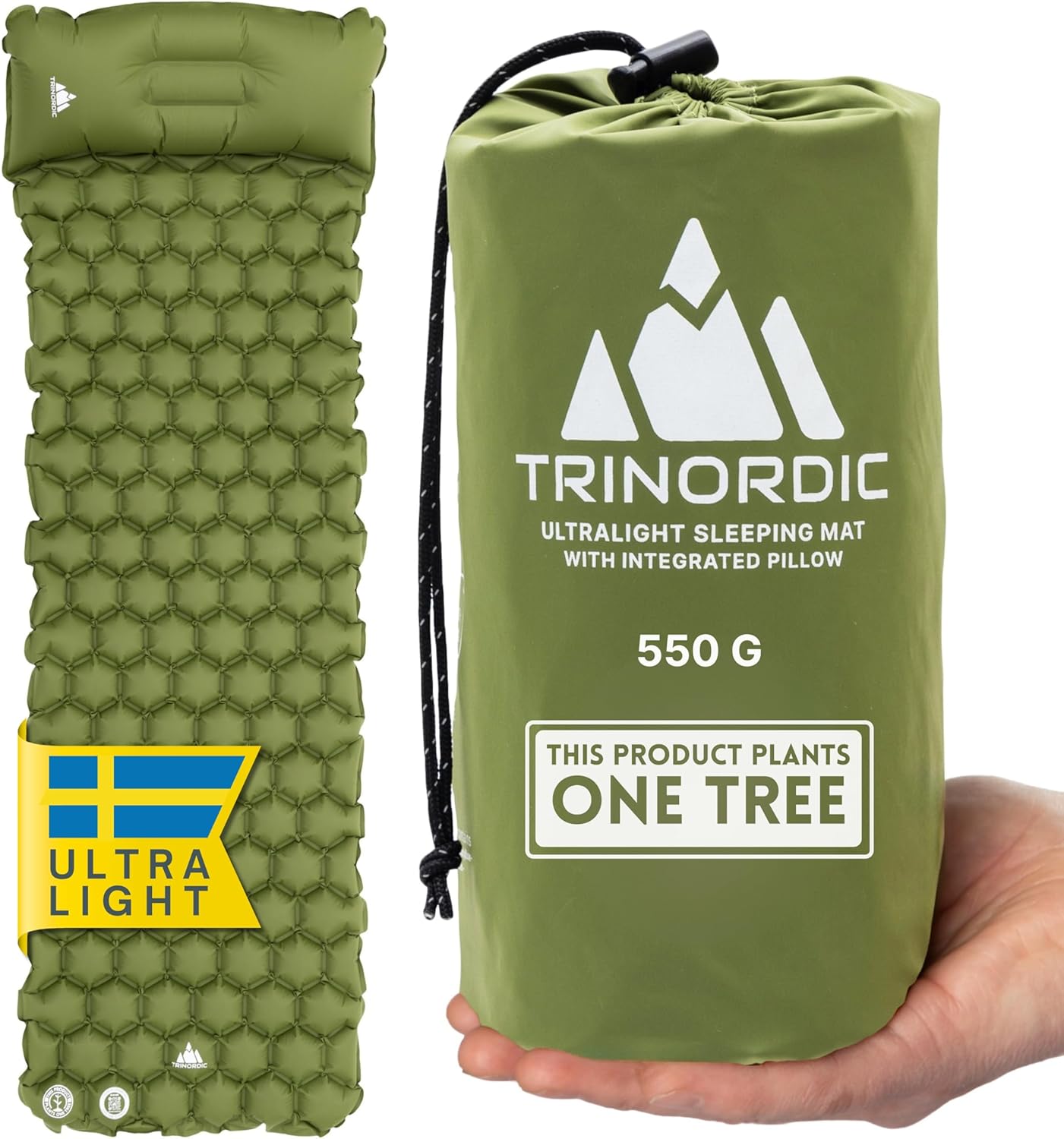 Trinordic, Materassino da campeggio singolo ultra leggero e gonfiabile, con cuscino, per dormire, pieghevole, leggero, portatile, per viaggi con zaino in spalla, escursionismo e viaggi
