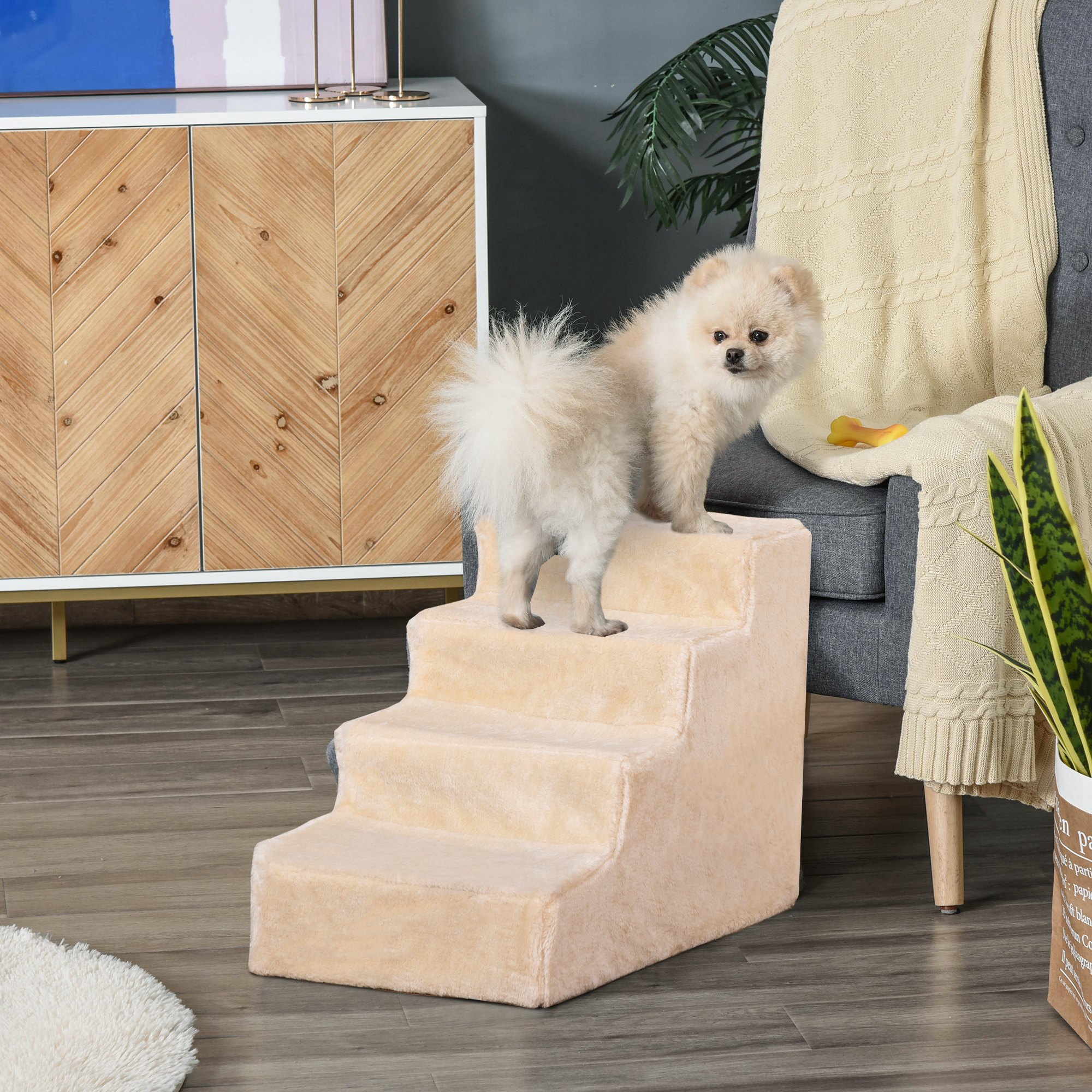 PawHut Hundetreppe 4-stufig, 35 cm Katzentreppe für Bett und Sofa, Haustiertreppe für Hunde und Katzen bis 5 kg, Plüschoptik, Beige