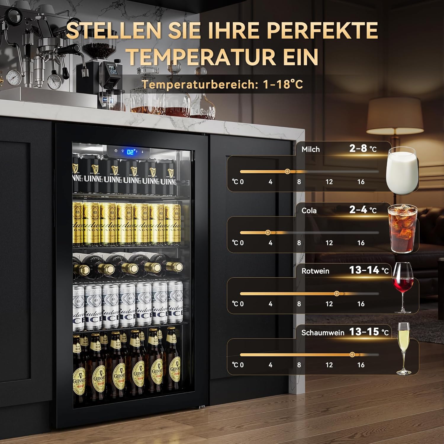 TRIUMPHKEY 90L Getränkekühlschrank mit Klima-Kühlung | Neu: Gleichmäßige & frostfreie Kühlung | 4 verstellbare Ablagen – Platz für 126 Dosen | Ideal für Bar, Büro & Haushalt