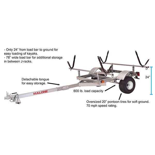 Kit rimorchio per kayak Malone LowMax 2, capacità 274 kg, acciaio zincato, luci a LED, pneumatici con velocità nominale di 112 km/h.