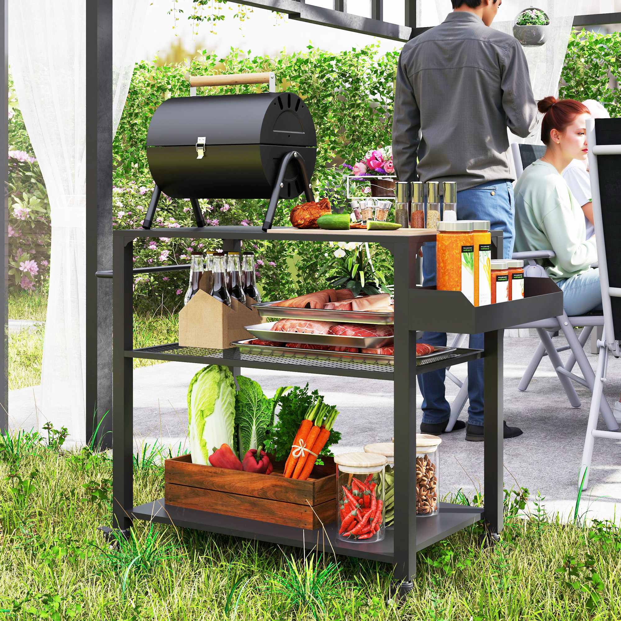 Outsunny Outdoor-Kücheninsel, Grillwagen mit Aufbewahrungsregal, Griff, 4 Rollen, Küchenwagen, Terrasse, Garten, Metall, Schwarz