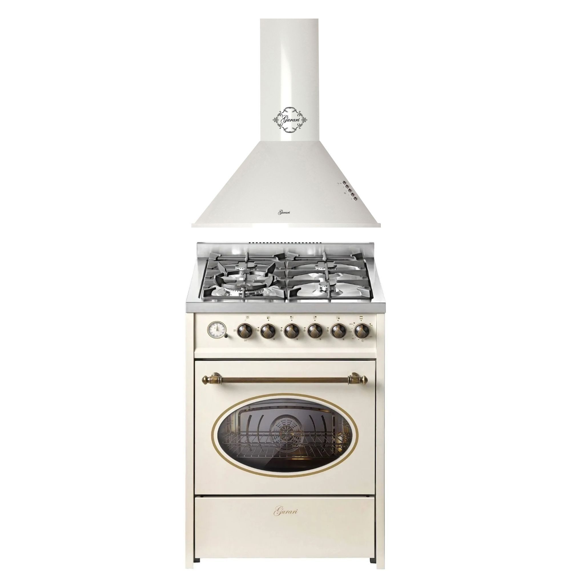 Gas-Standherd Retro Gas Elektro Standherd 60 cm Erdgas Fl.Gas 4 Kw WOK mit Dunstabzugshaube 60 cm, Saugstark 1000m³/h E 614 Cr r+GCH C 046 WH 6