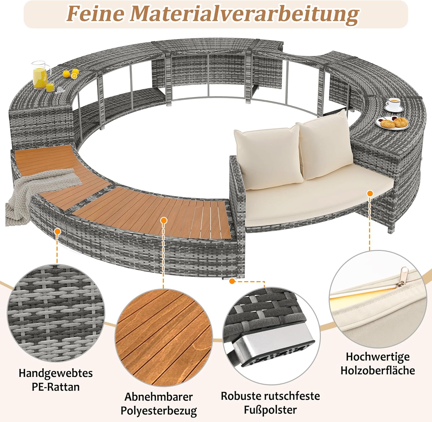Soweiz Poolumrandung, Spa-Pool, Gartenmöbel-Set, PE-graues Rattan und Akazienholz, mit Stauraum, Lounge-Set, mit verstellbaren Füßen, inklusive Kissen, für Whirlpool und Pool