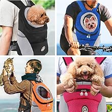 Collage di trasportini per animali domestici: zaino frontale nero, cestino per bicicletta blu, zaino arancione con finestra e marsupio frontale rosa. Tutto progettato per cani