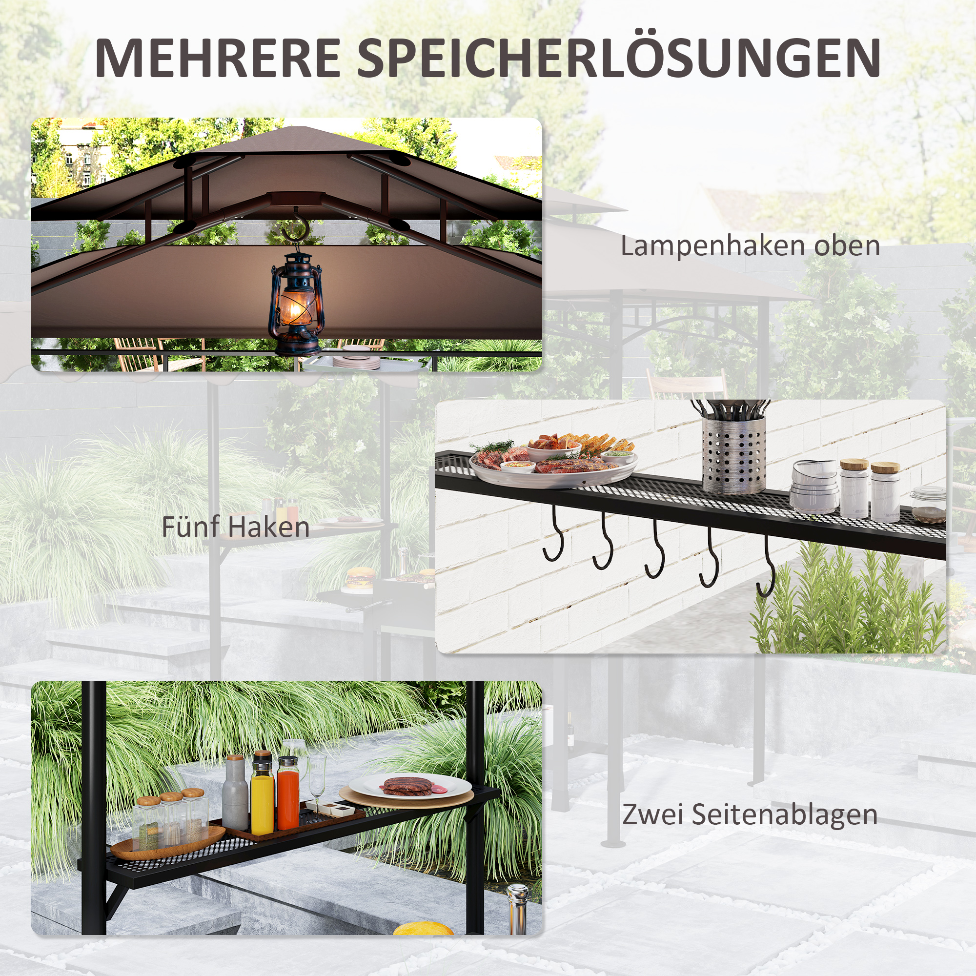 Outsunny Grillpaviljoen 242x149x248 cm Waterafstotend Vlamvertragend Tuinpaviljoen met Dubbellagig Dak Koffie