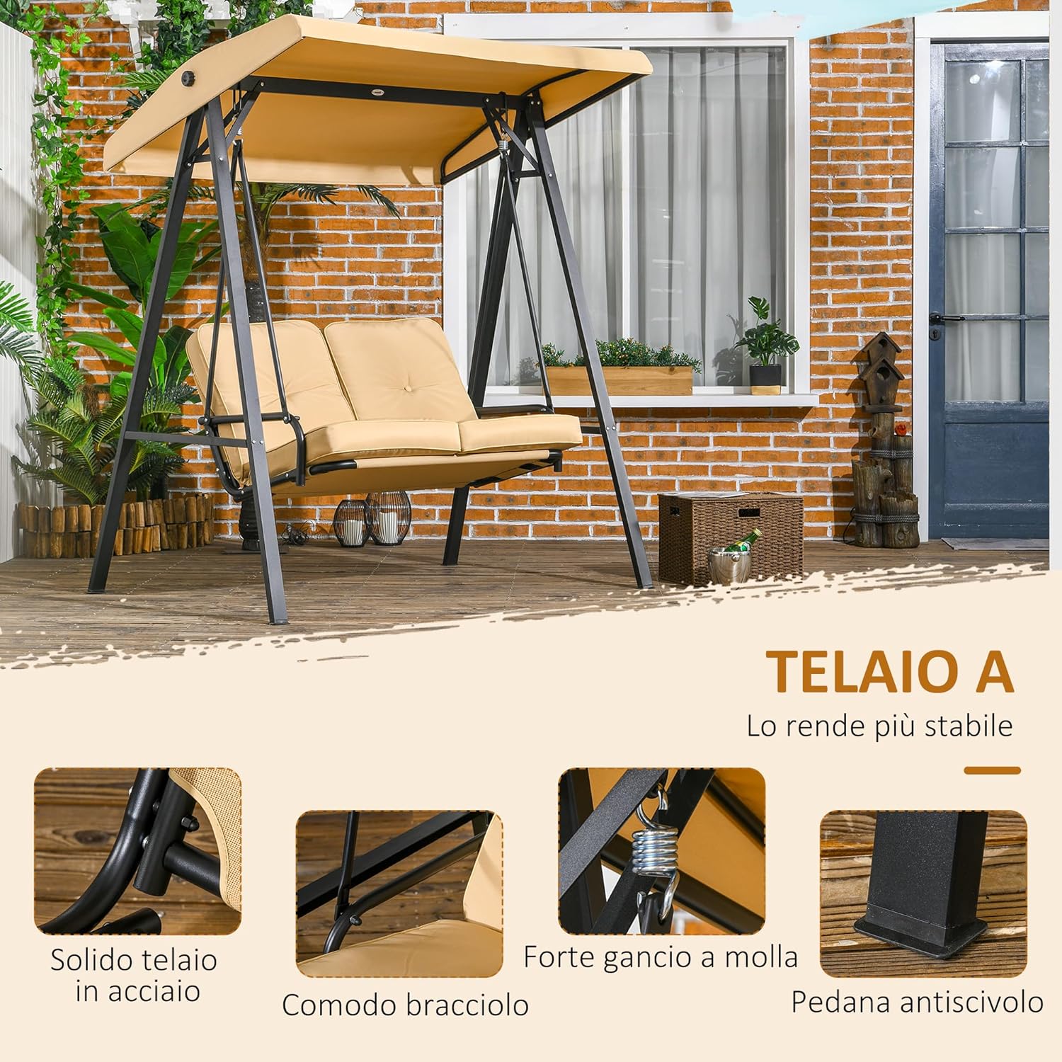 Outsunny Outdoor Swing Chair with Adjustable Canopy and Cushions, 2 Seater Steel and Teslin Fabric Rocking Chair 138 x 106 x 174 cm, Beige