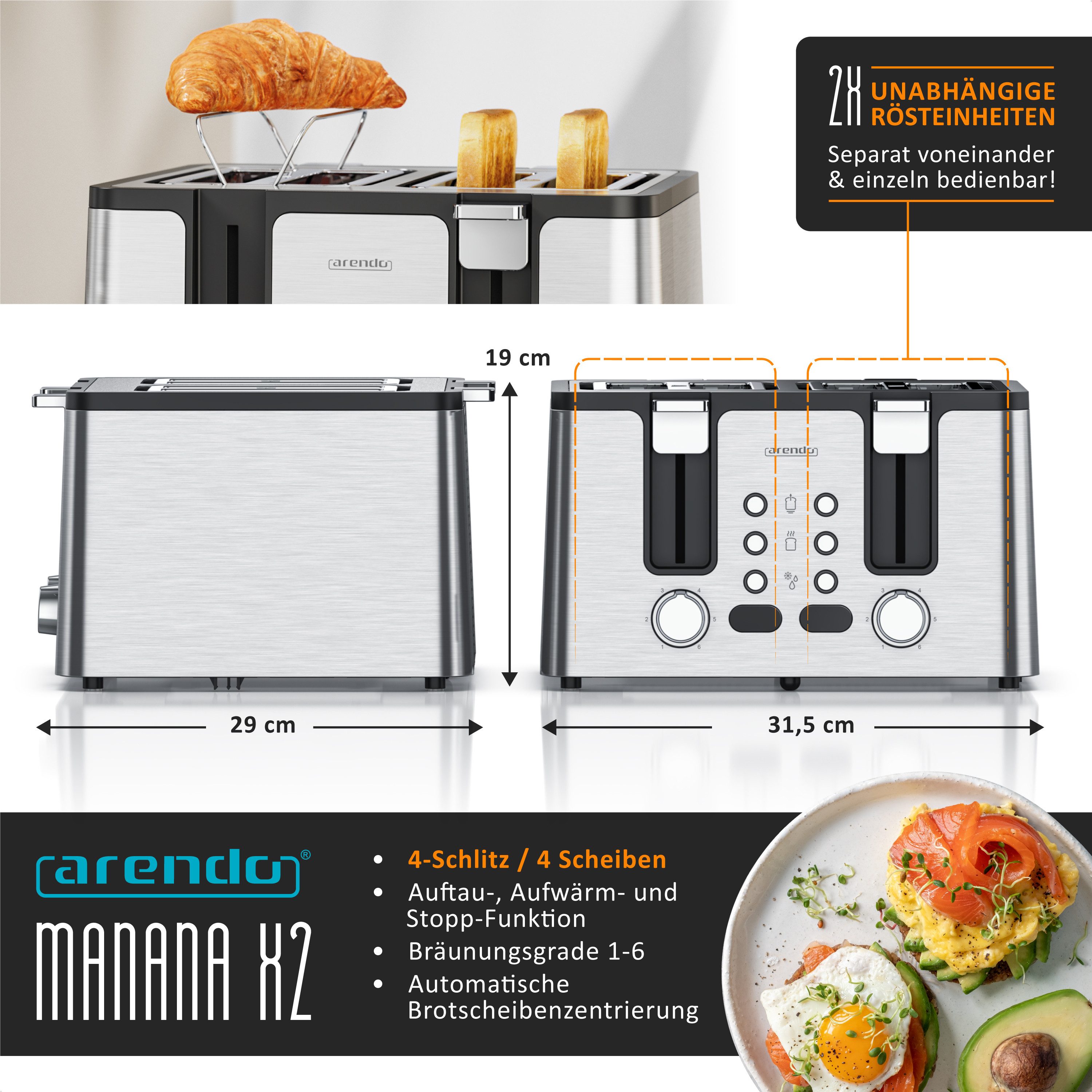 Toaster Edelstahl, Brötchenaufsatz, Restzeitanzeige, Silber
