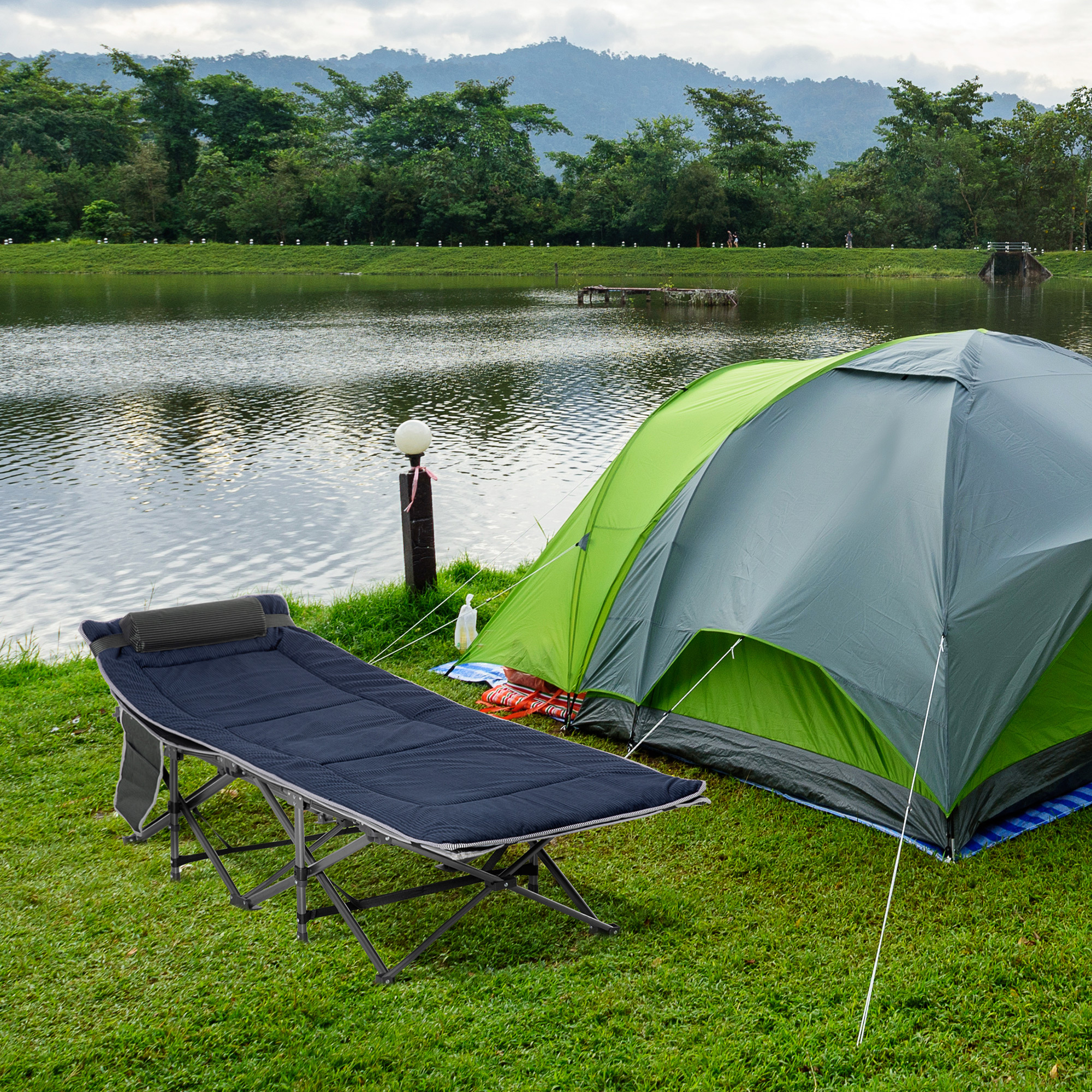 Outsunny Campingbett, klappbares Feldbett mit Kopfkissen, 188 x 64,5 x 53 cm, Dunkelblau+Grau