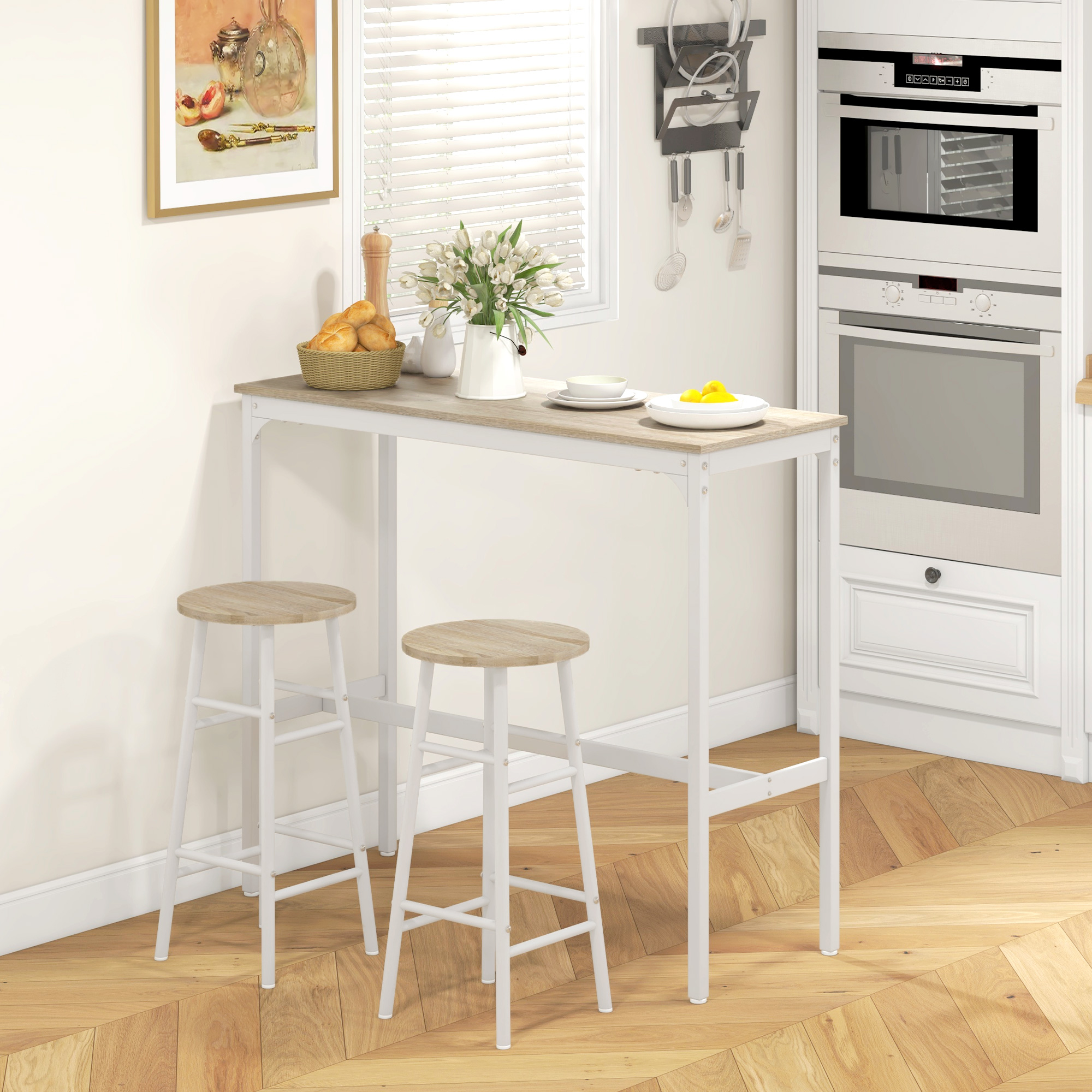 HOMCOM Set hoher Tisch + 2 Hocker Stahlgestell Naturholzoptik für 2 Personen Weiß