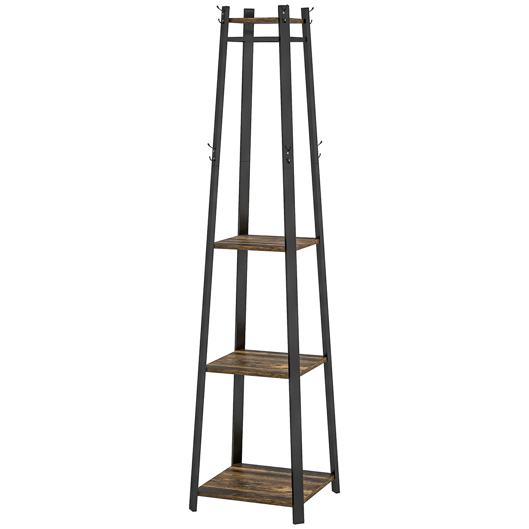 HOMCOM Kleiderständer mit 8 Haken, 3 Regalen und oberer Ablage, 34x34x170 cm, Braun