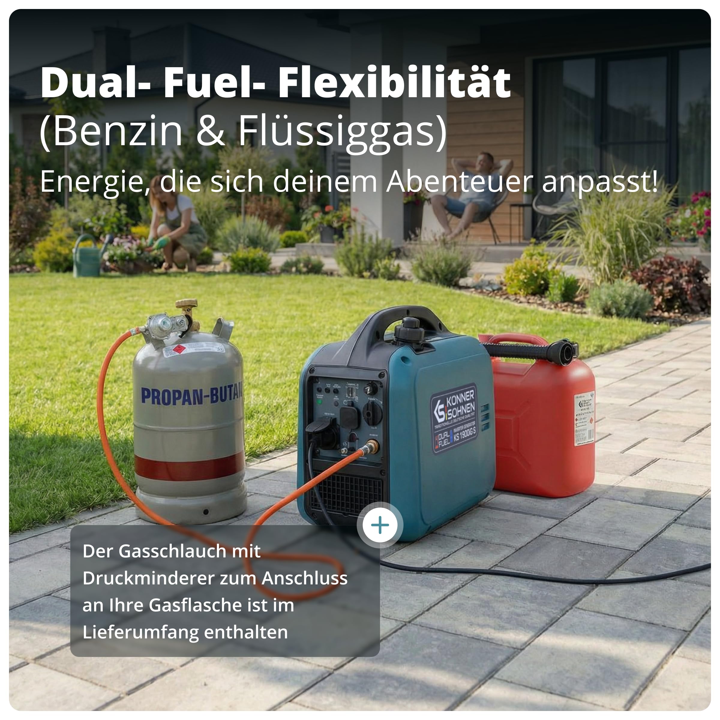 Inverter Stromerzeuger 2000 W mit Benzin- und LPG-Betrieb, 230 V, reine Sinuswelle, 17 kg
