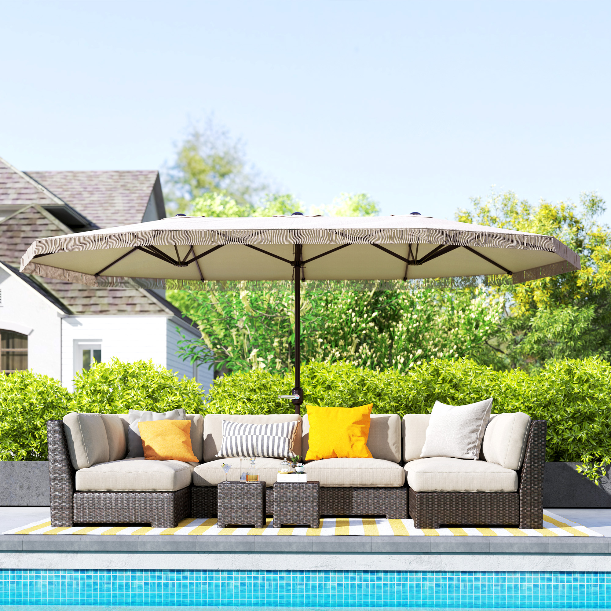 Outsunny Doppelter rechteckiger Gartenpavillon 4,5 x 2,65 x 2,6 m mit Kurbelöffnung und -schließung, 180 g/m² Tuch, Creme