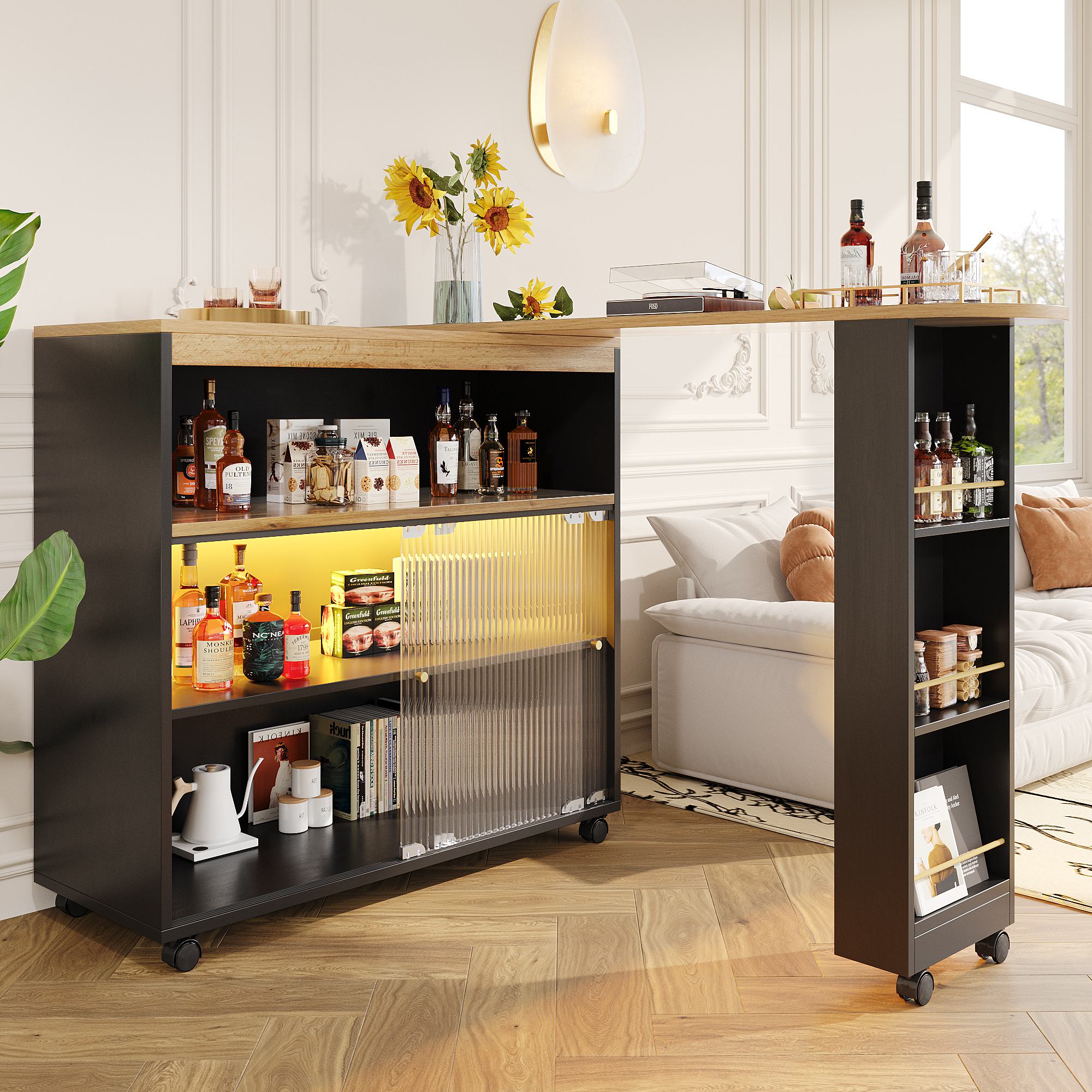 Ausziehbarer Bartisch mit Stauraum, Moderner Beweglicher Bartisch, Teleskopischer Bartisch mit LED, 138-204×39×105 cm, Schwaz