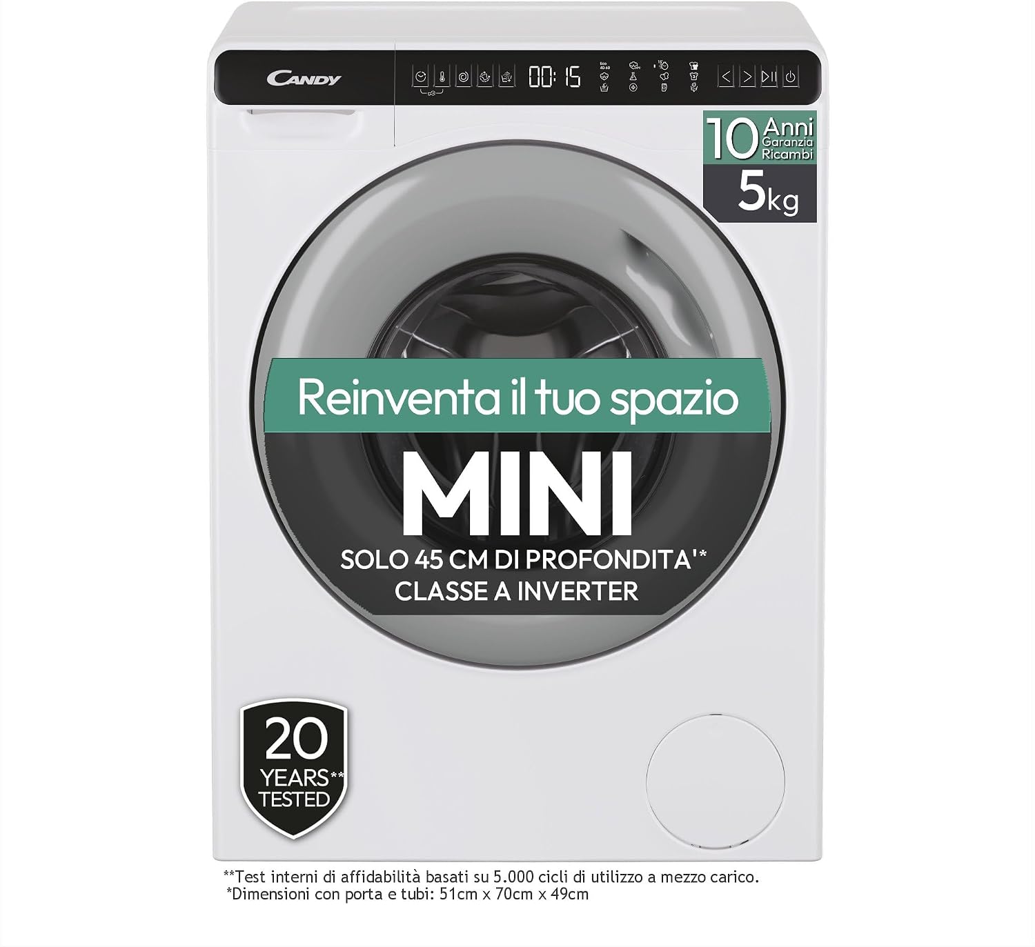 CANDY MINIAQUA CW50-BP12307G-S, LAVATRICE A CARICA FRONTALE, 5 KG, 1200 GIRI, Programmi rapidi, Antipiega, Partenza ritardata, Grigio/Bianco, 70x51x45 [Classe di efficienza energetica A]