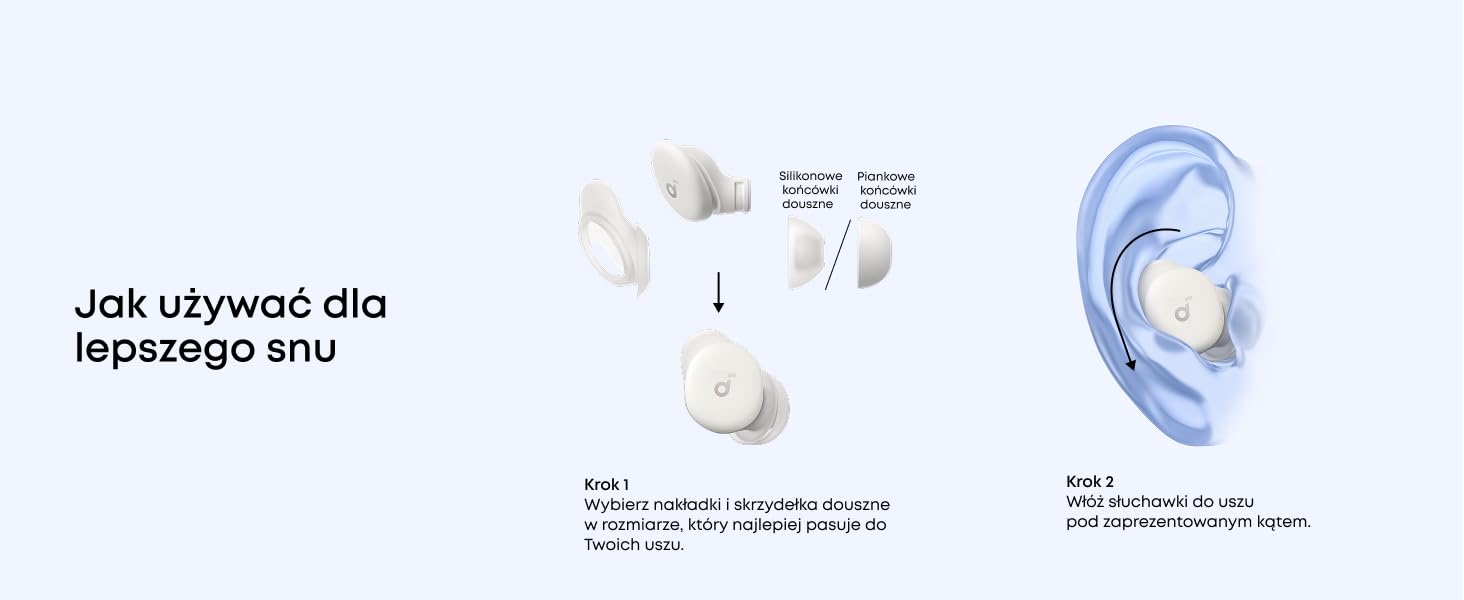 Biały minimalistyczny wyświetlacz produktu z bezprzewodowymi wkładkami dousznymi i etui ładującym ze specyfikacjami technicznymi w azjatyckich znakach.