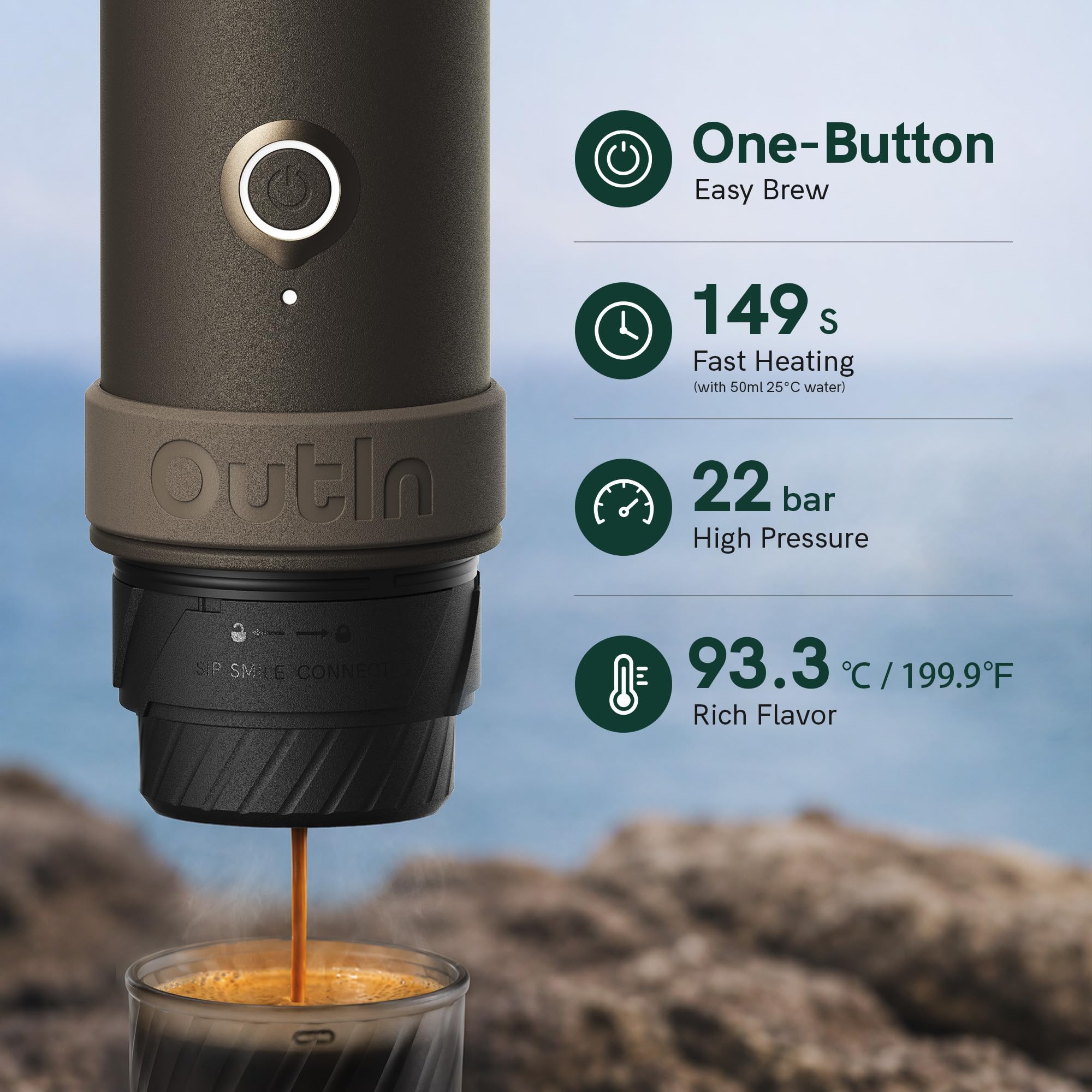 Tragbare elektrische Espressomaschine Mino mit 70 ml, USB-C Schnellladung und IP67, Tundra Brown