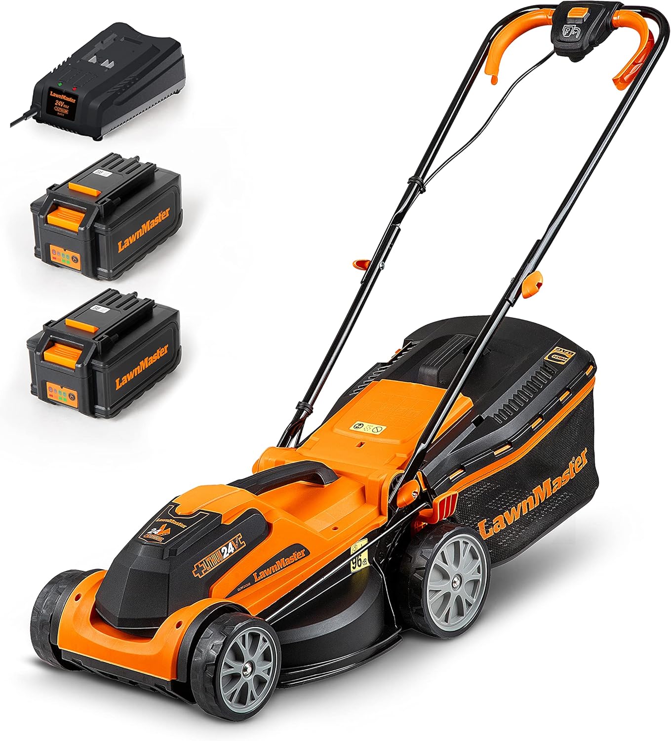 LawnMaster CLMF2434G Tagliaerba Senza Filo 24V Max 2x4.0Ah Batteria, 34cm Fino a 300m², Altezza di Taglio a 6 Livelli 20-70mm, Capacità di Raccolta 32L