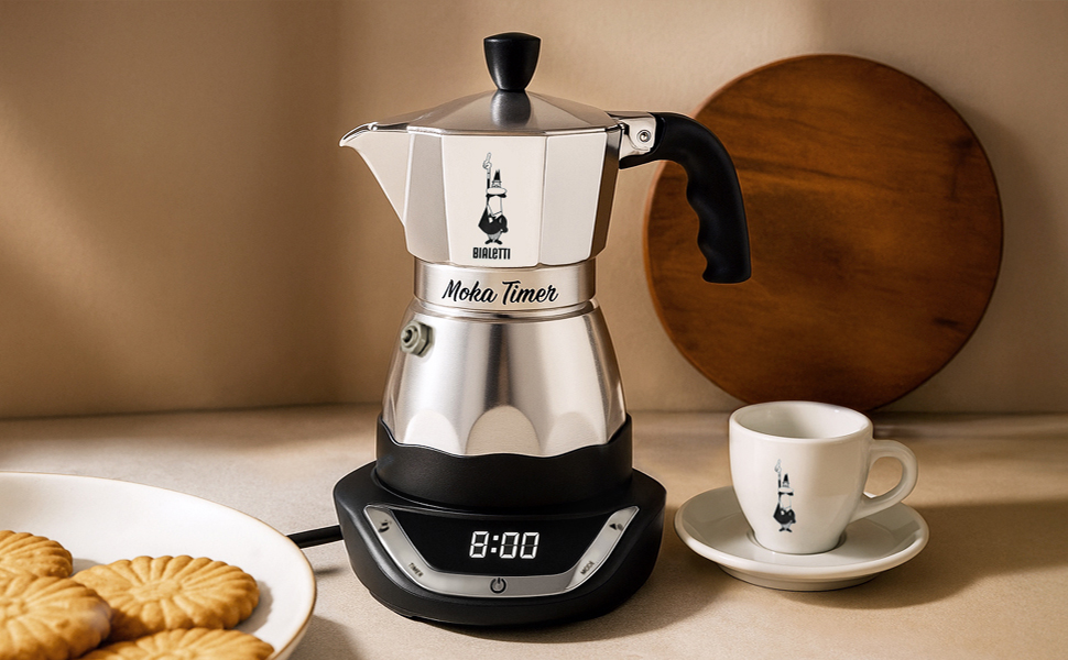 Macchina da caffè con piano cottura su piastra riscaldante elettrica che mostra '8:00', accanto a una tazza di caffè bianca e biscotti su una superficie di legno su sfondo marrone.