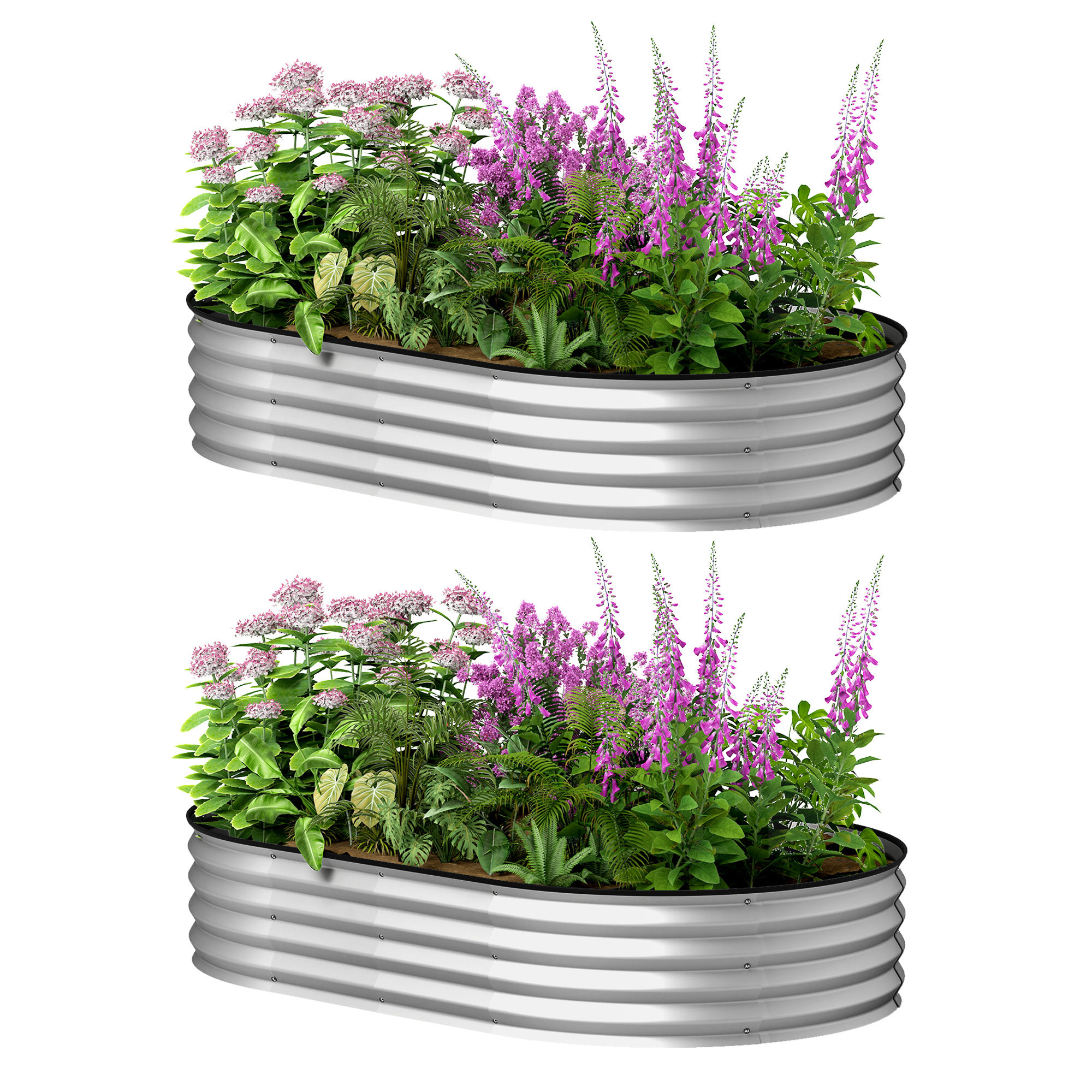 Outsunny Set aus 2 erhöhten, verzinkten Stahl-Pflanzkästen, Gartenbett-Kit, Gummiumrandung, 152 x 91 x 30 cm, Silber