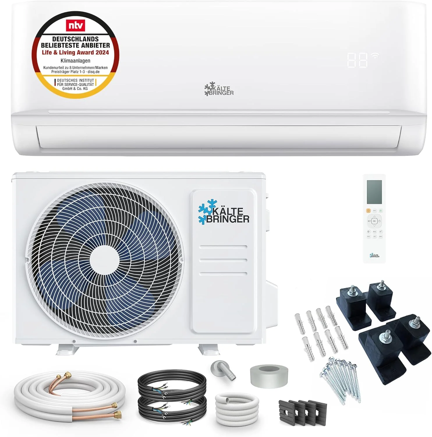 Kältebringer Split Klimaanlage - 9000 BTU (2,6 kW) - Klimagerät mit Heizfunktion, WiFi & App, bis 45qm, sehr leise - Set mit 5m Kupferleitung, Kältemittel R32, Montagematerial, Wandhalterung