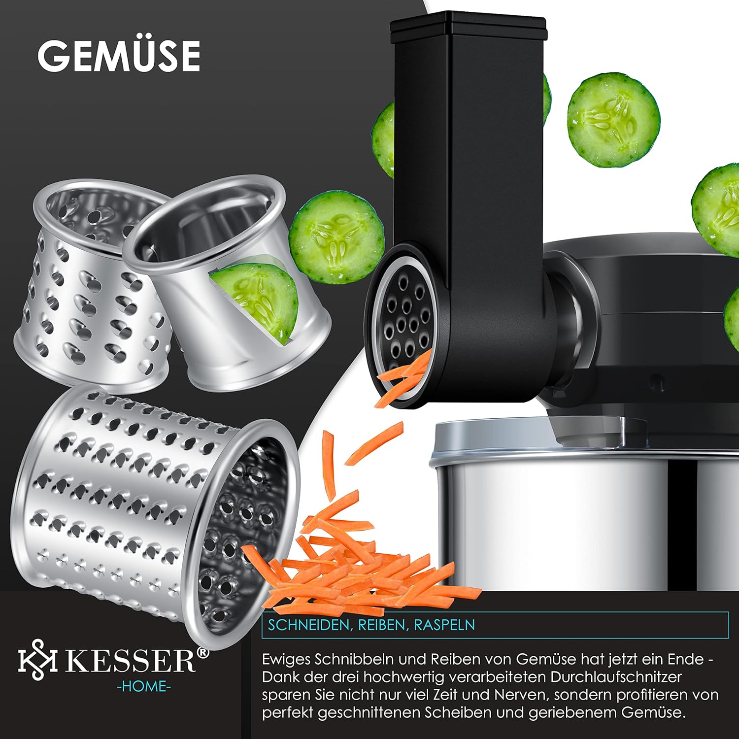 KESSER® 3 in 1 Universal Küchenmaschine K-KM 3000 mit Fleischwolf Knetmaschine Multifunktionale Rührmaschine 5,5L Schüssel mit 3 Rührwerkzeuge, 1,5L Entsafter, Zubehör-Set, Pasta & Gebäckformen