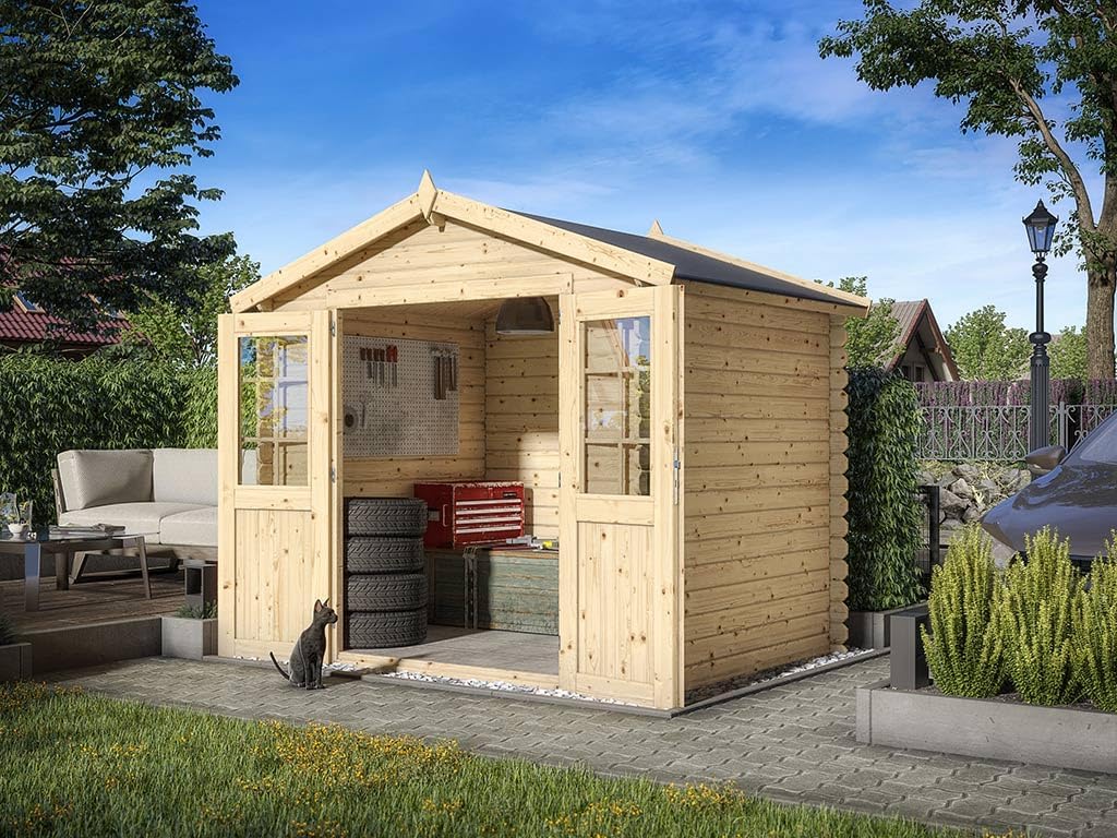 Gartenhaus, Holz Blockbohlenhaus CA2870, Wandstärke: 28 mm, BTH 260 x 198 x 225 cm, Gerätehaus, naturbelassenes Holz, Doppelflügeltür, Satteldach