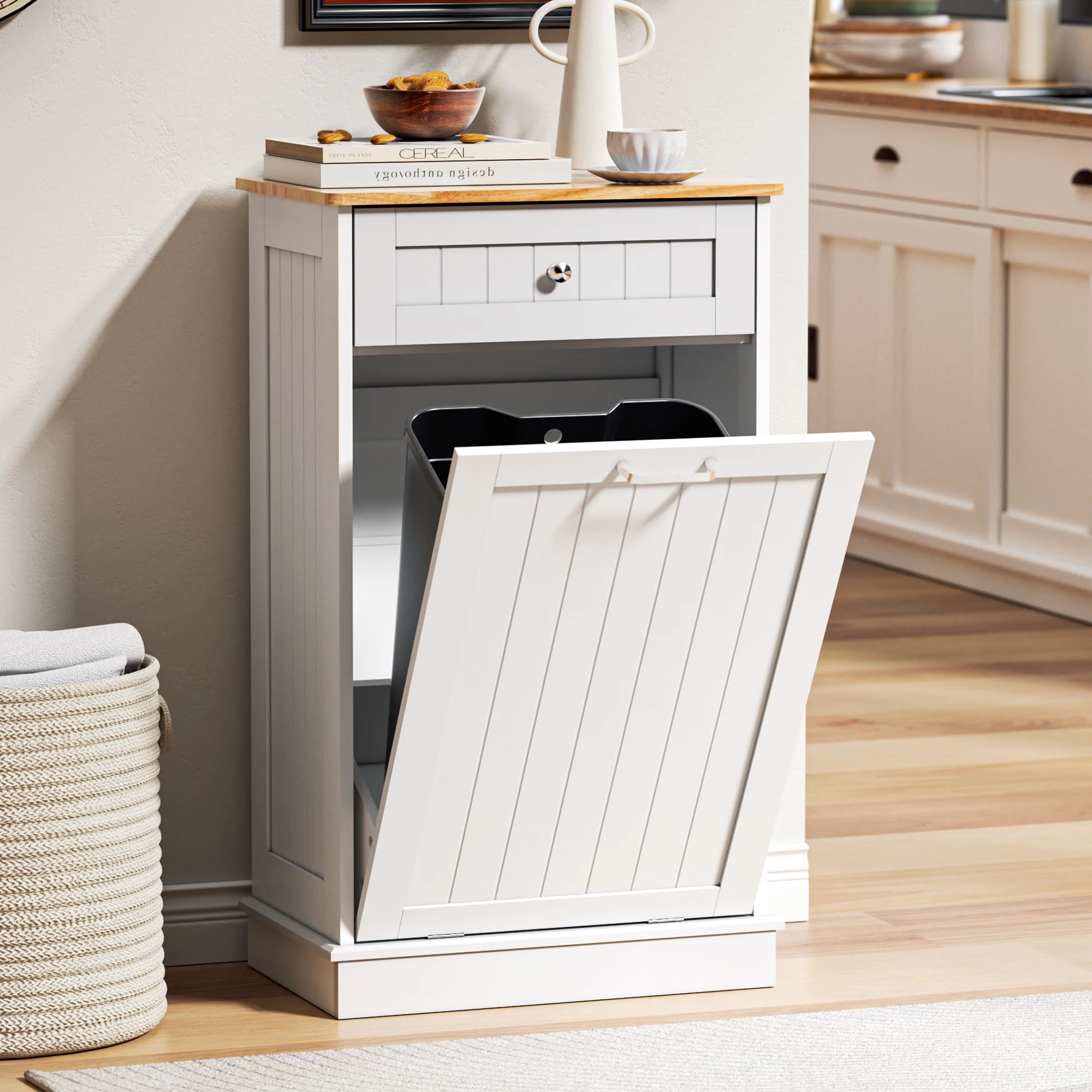 HARIPUL Single Tilt Out Trash Cabinet for 13 Gallon Waste Bin, Free Standing Kitchen Trash Can Cabinet with Drawers, White