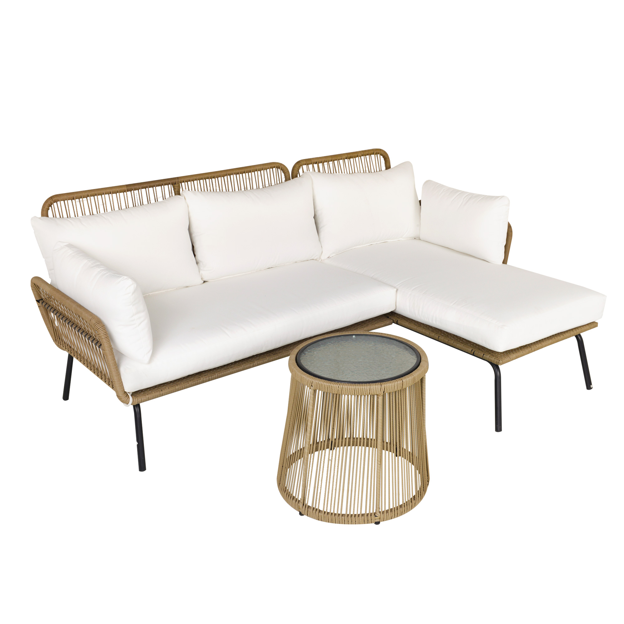 Outsunny 3 tlg. Rattan Gartenmöbel-Set, PE-Rattan, 1 Ecksofa, 1 Liege, inkl. Kissen, wetterbeständig, Kaffee +Creme