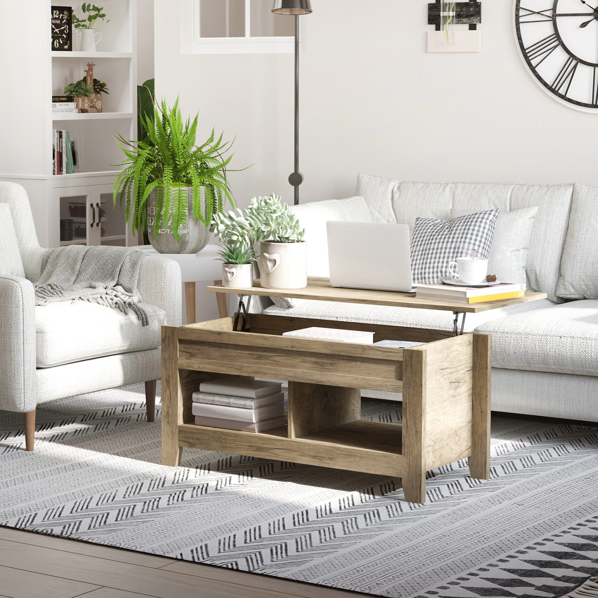 HOMCOM Couchtisch mit höhenverstellbarer Platte, 2 Fächern und Truhe aus Eichenholz
