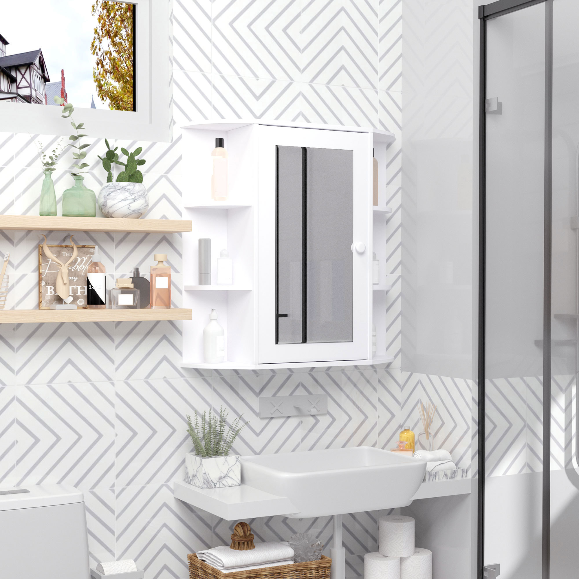 HOMCOM Spiegelschrank Badspiegel Wandmontage Hängeschrank Badezimmerregal Badeschrank 8 Fächer Mehrzweckschrank für Badezimmer MDF Weiß 66 x 17 x 63