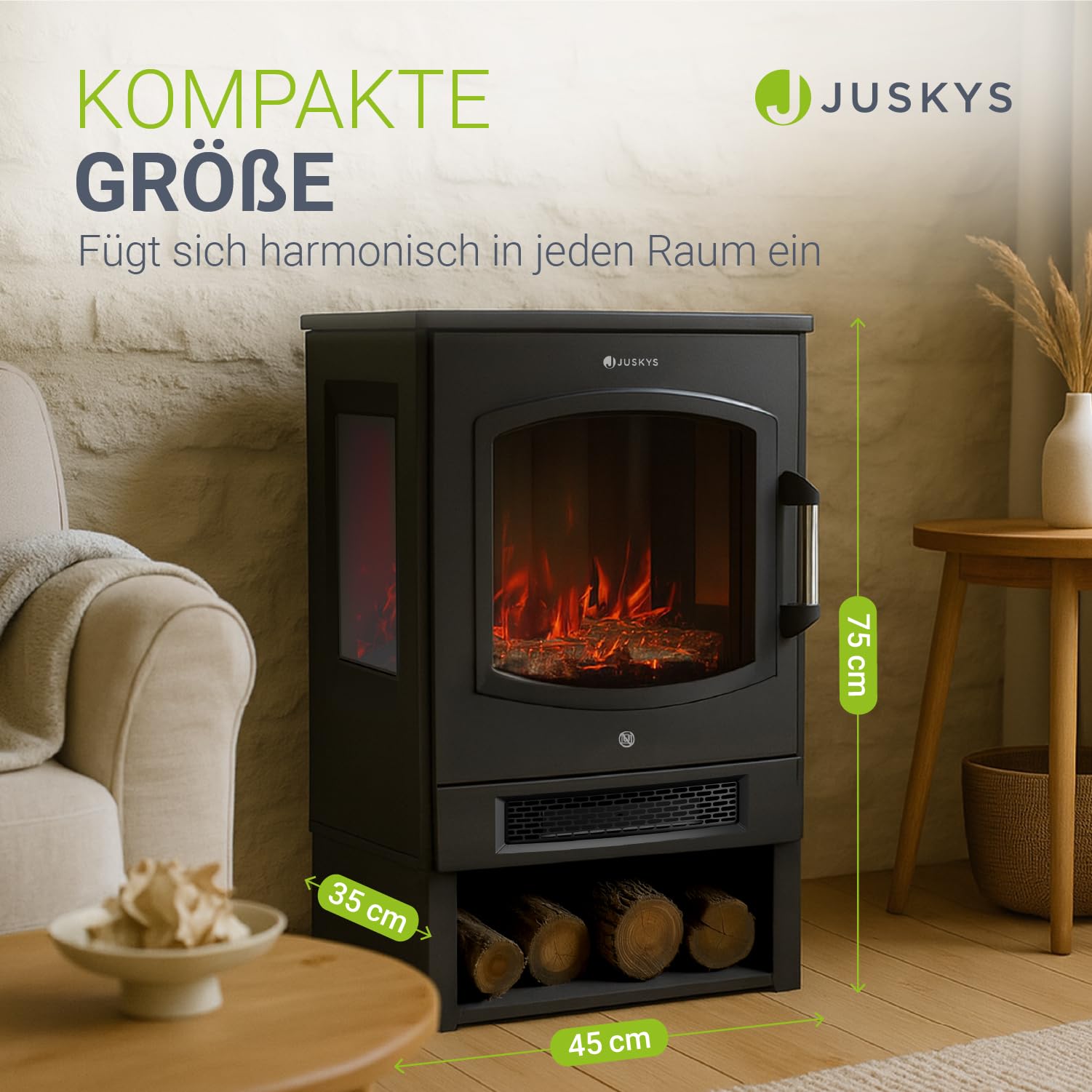 Elektrokamin 1800 W schwarz, freistehender Standkamin mit LED-Flammeneffekt, WLAN- und App-Steuerung sowie Fernbedienung