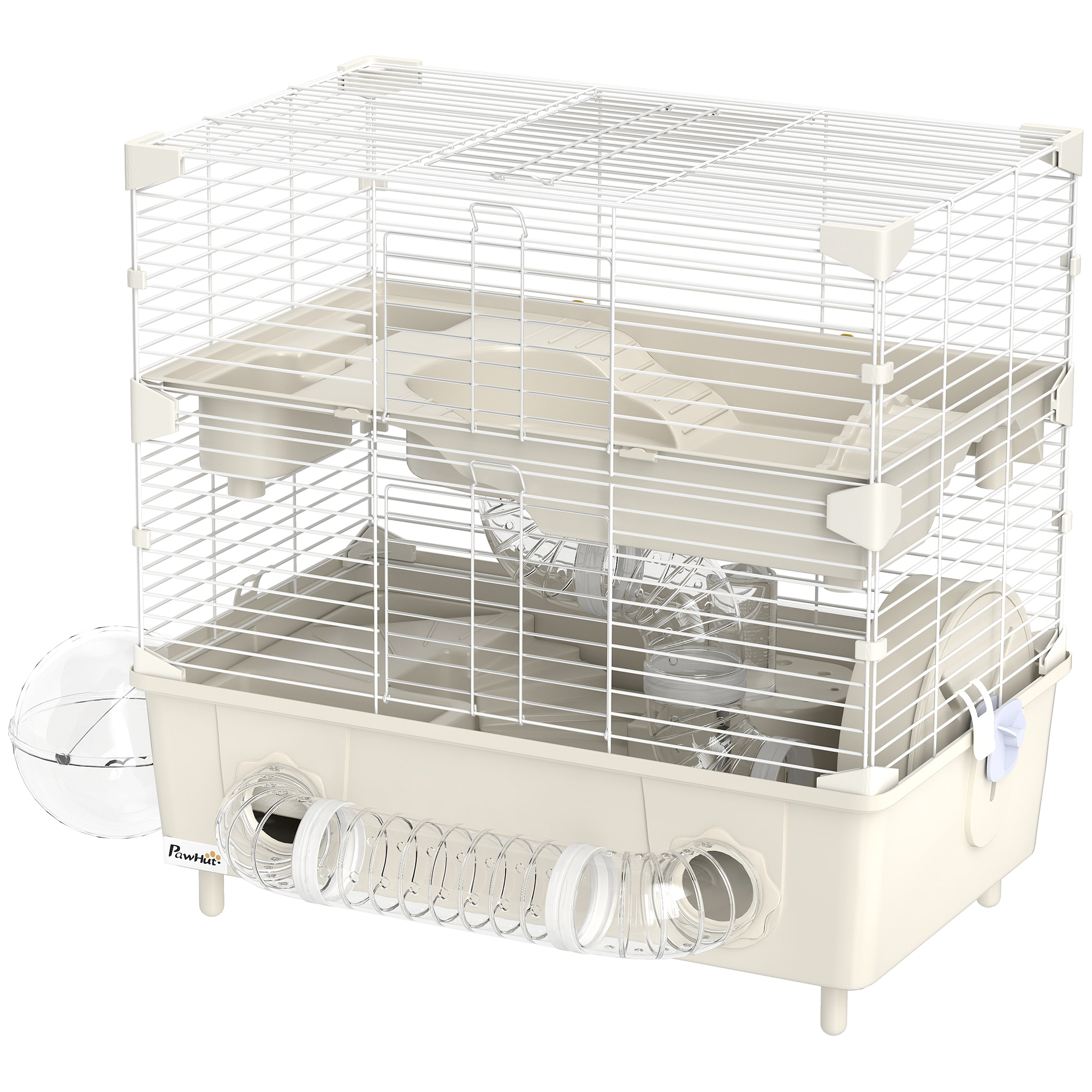 PawHut Hamsterkäfig mit 2 Ebenen und 3 Türen mit Rad und Röhren, aus Stahl, PS und PP, 44,5x28x44 cm, Creme und Weiß